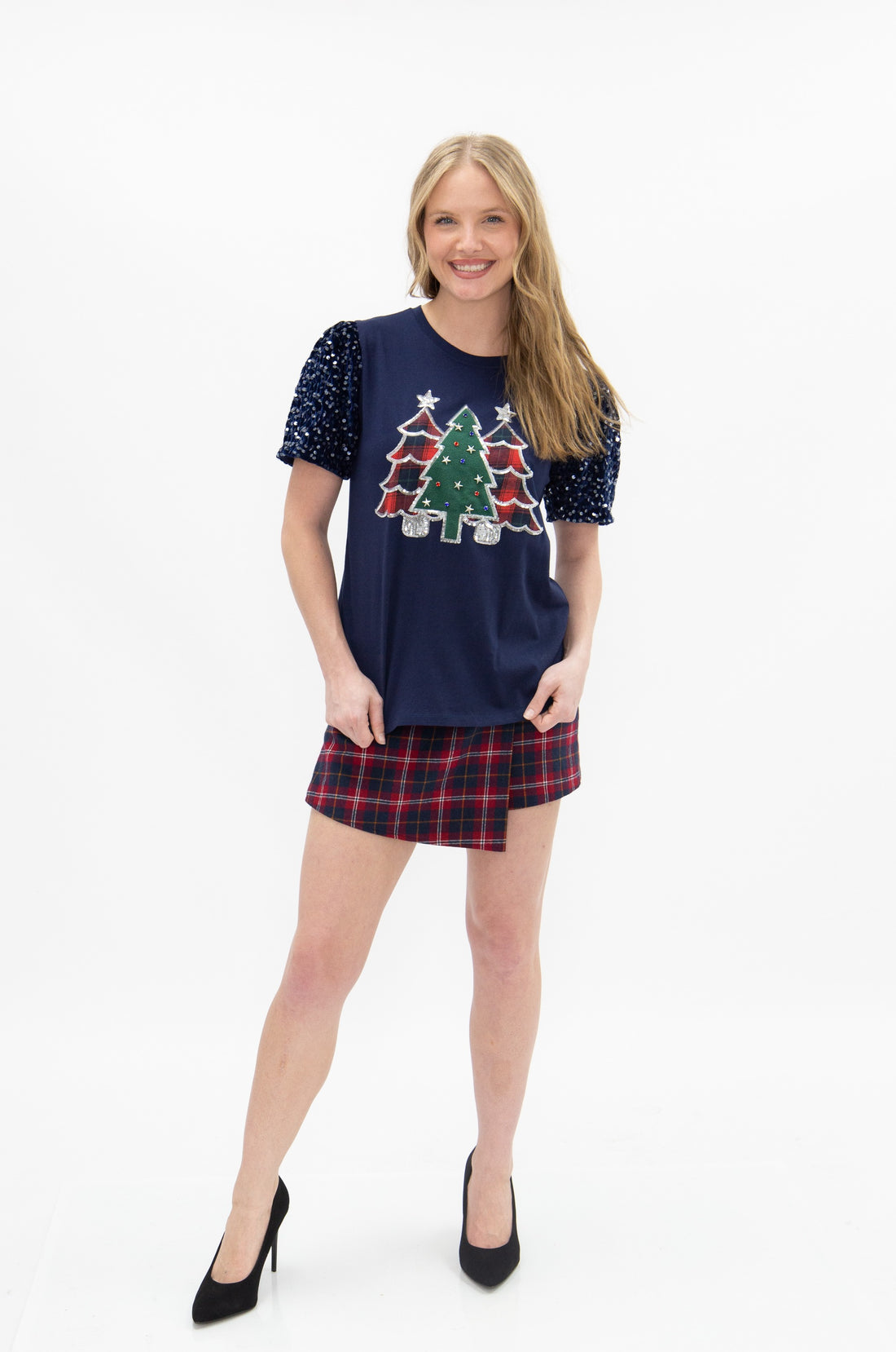Festive Forest on Princess Top, Navy Blue