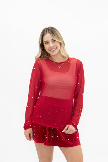 Mesh Long Sleeve Top with Pearls Detail, Red