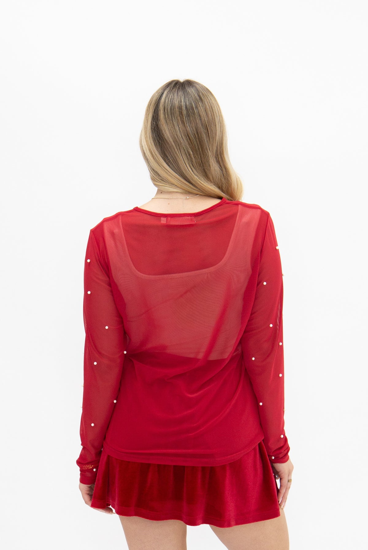 Mesh Long Sleeve Top with Pearls Detail, Red