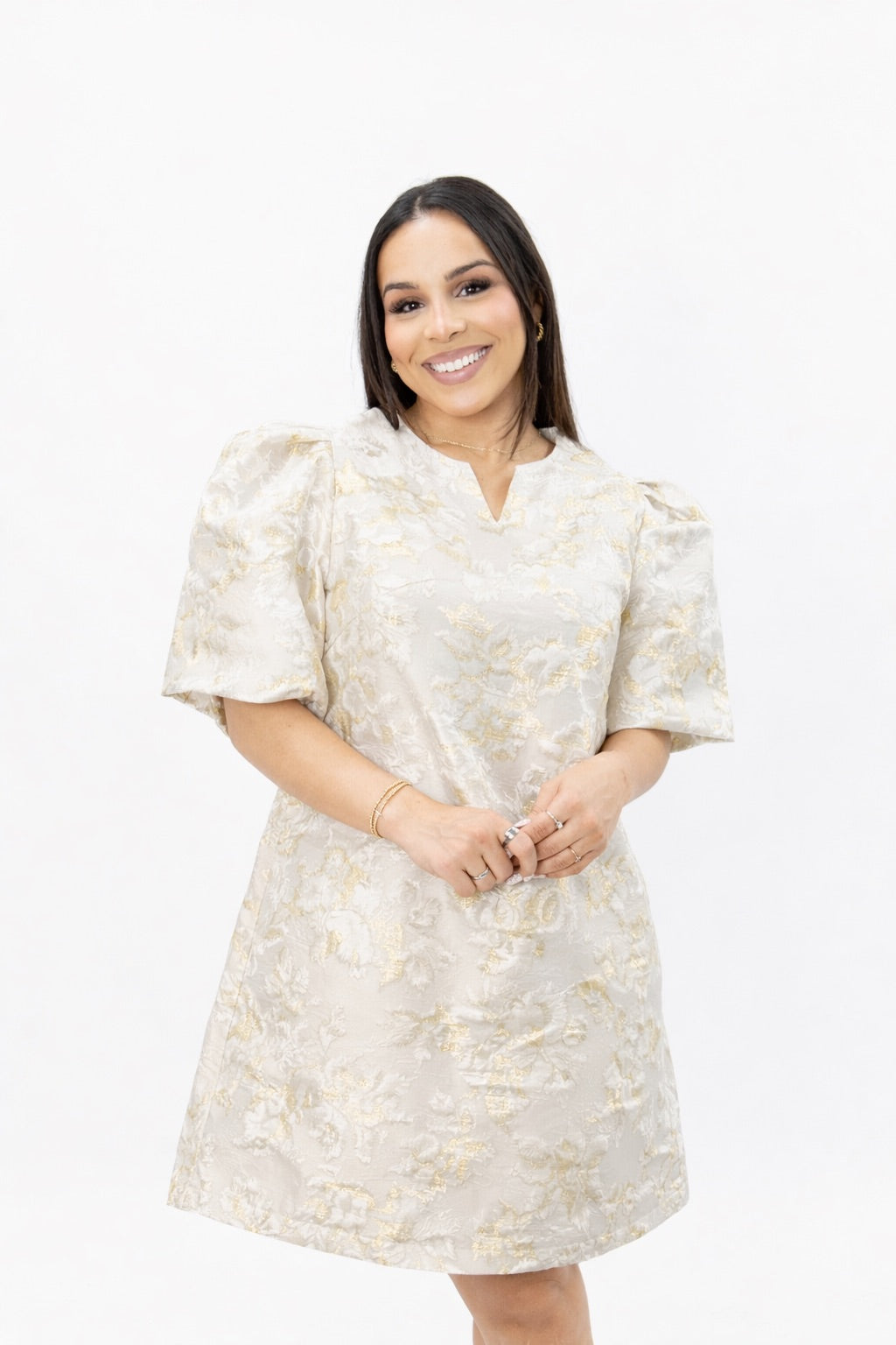 Brocade Dress with Oversized Sleeves, Champagne