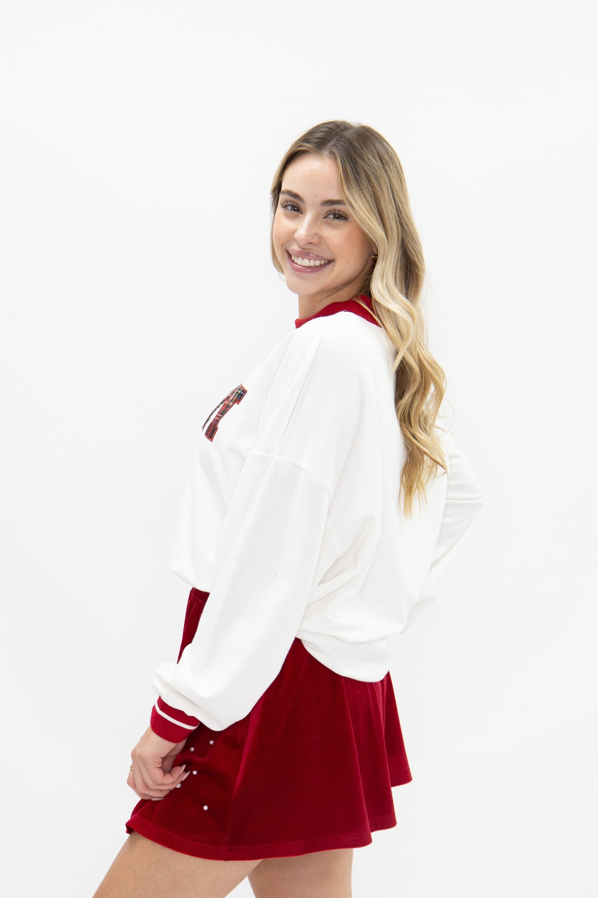 Plaid "Merry" on White Longsleeve Top with Red Cuffs