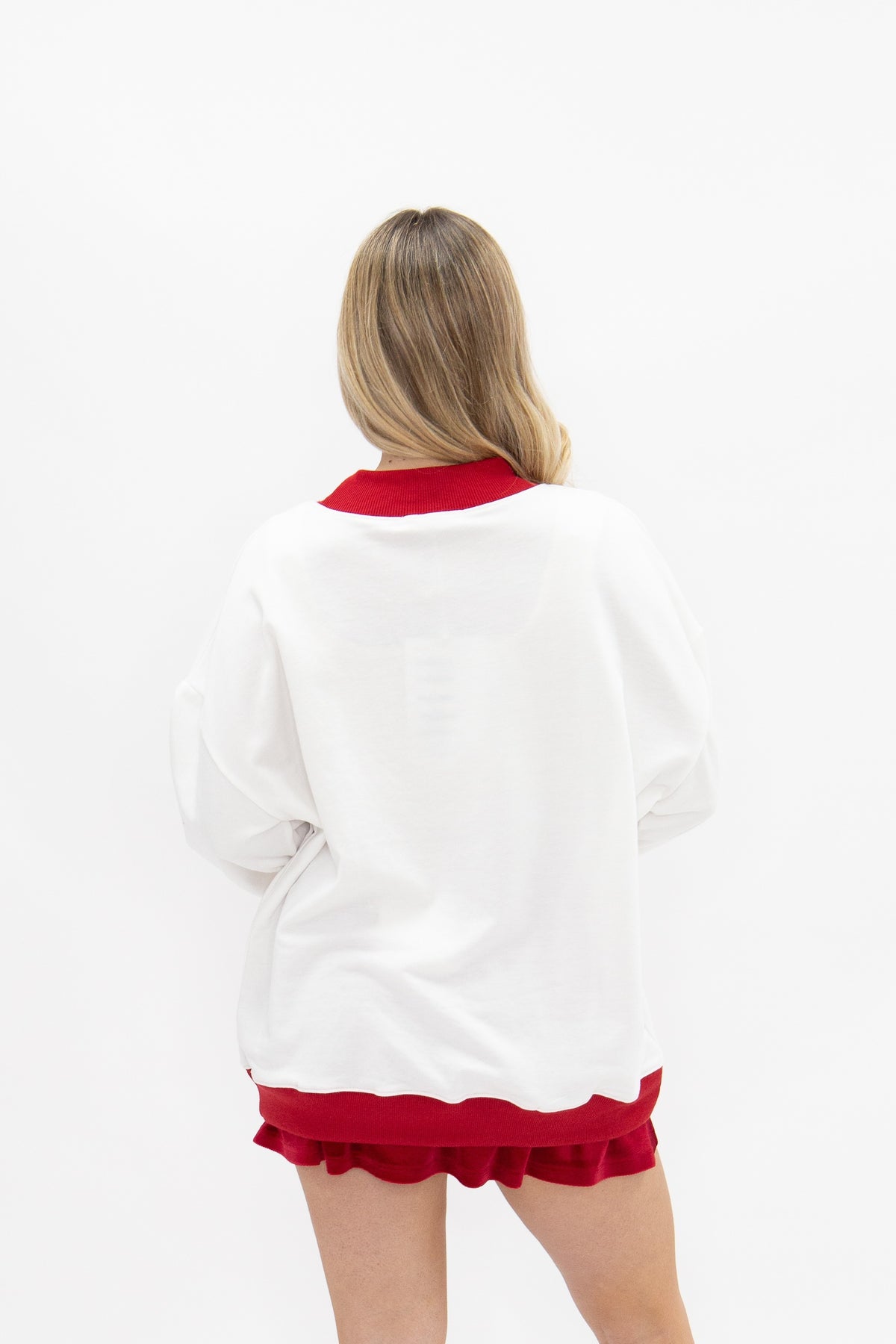 Plaid "Merry" on White Longsleeve Top with Red Cuffs