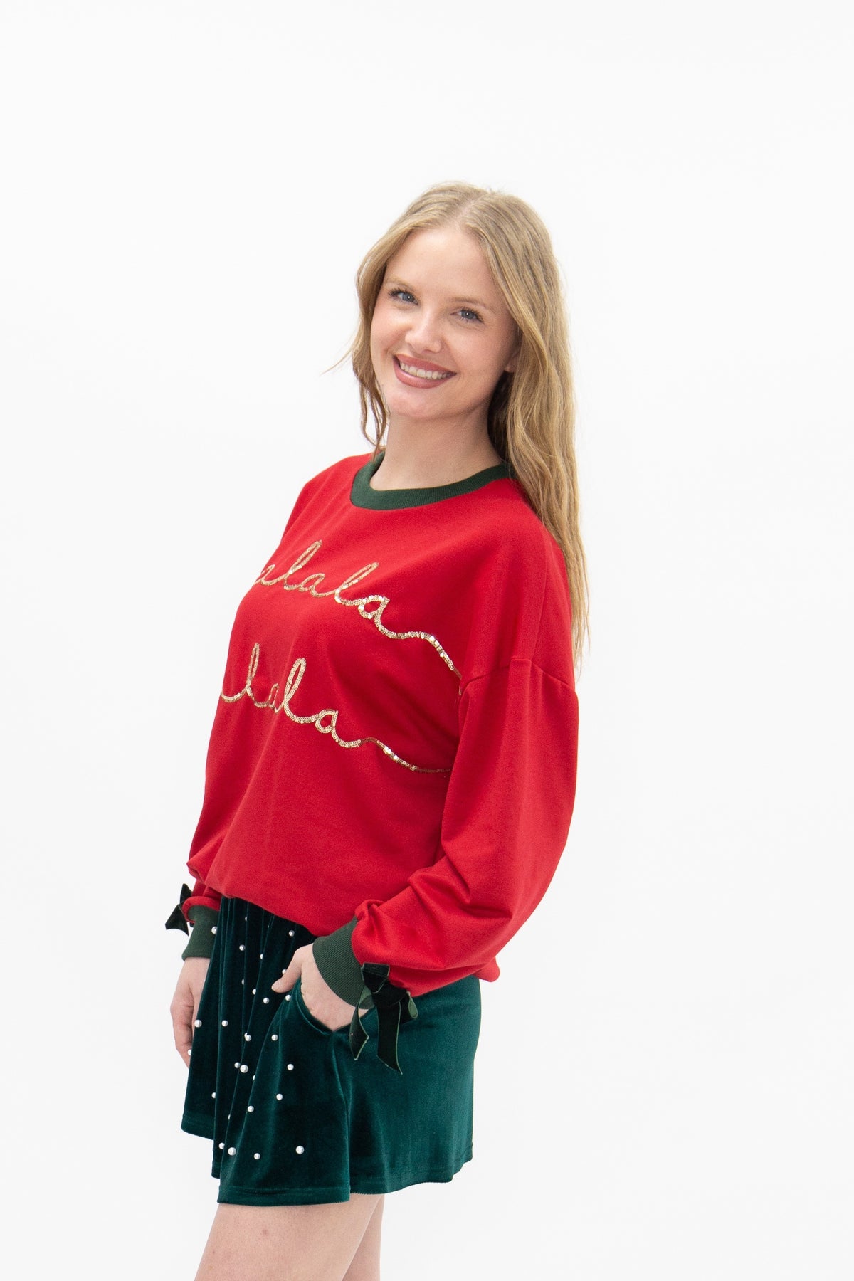 Gold Sequin "FaLaLa" on Red Longsleeve Top