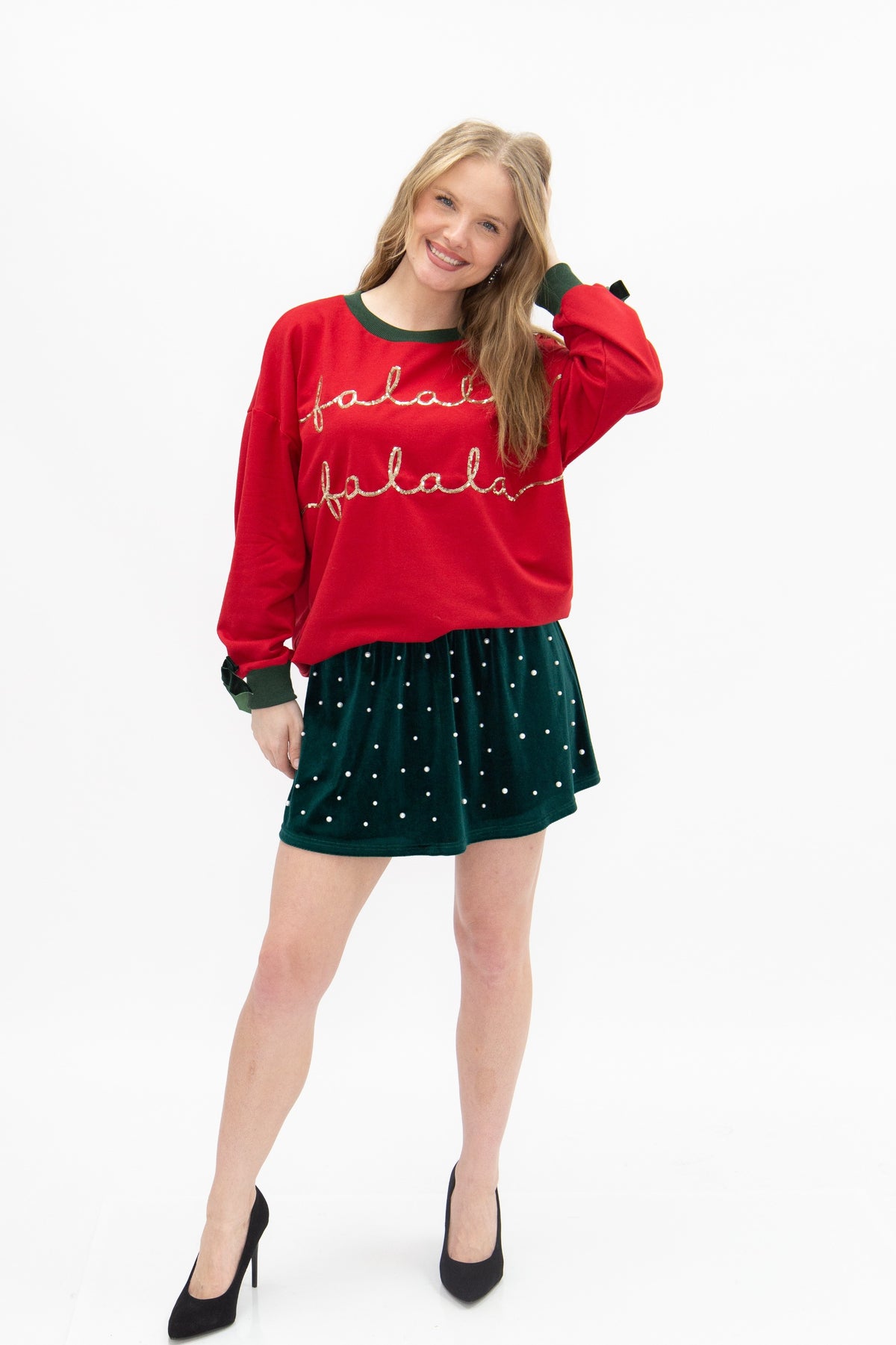 Gold Sequin "FaLaLa" on Red Longsleeve Top