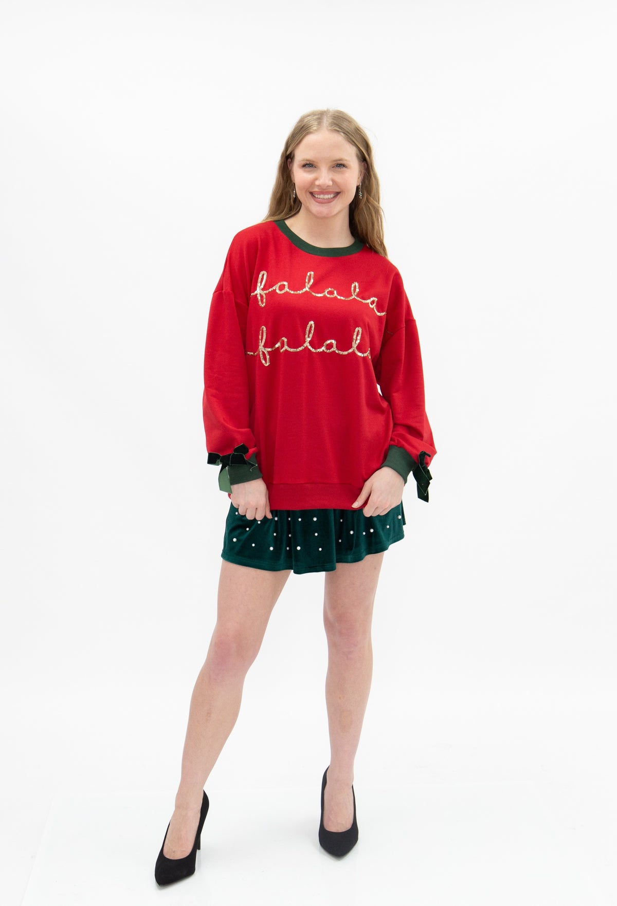 Gold Sequin "FaLaLa" on Red Longsleeve Top