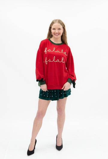 Gold Sequin "FaLaLa" on Red Longsleeve Top