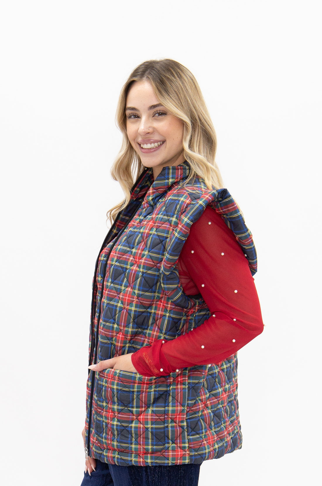 Navy and Red Plaid Puffer Vest