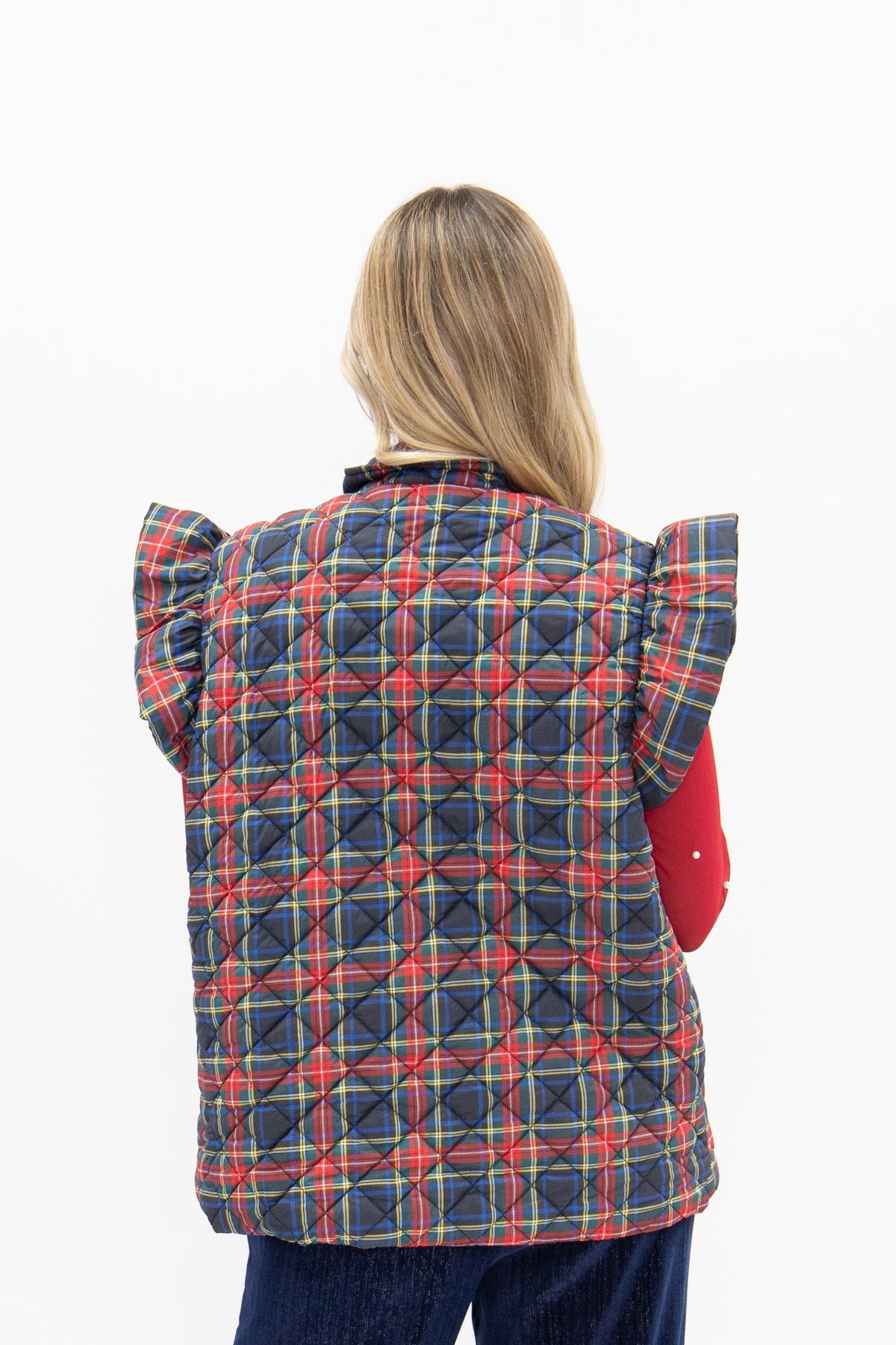Navy and Red Plaid Puffer Vest