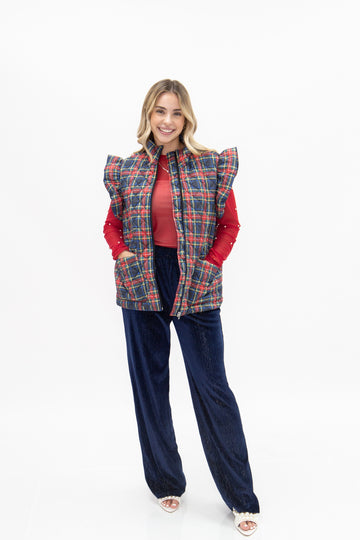 Navy and Red Plaid Puffer Vest