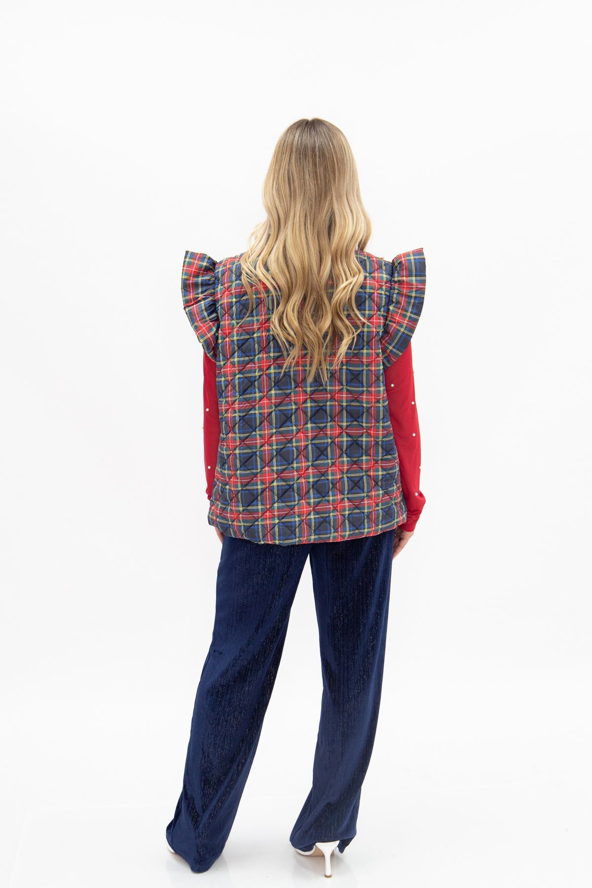Navy and Red Plaid Puffer Vest