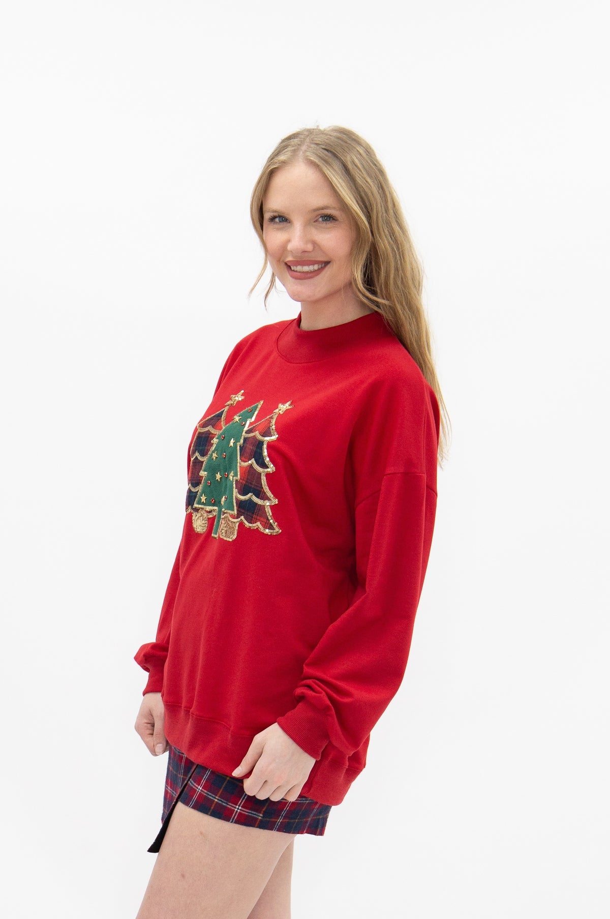 Festive Forest on Red Mock Neck