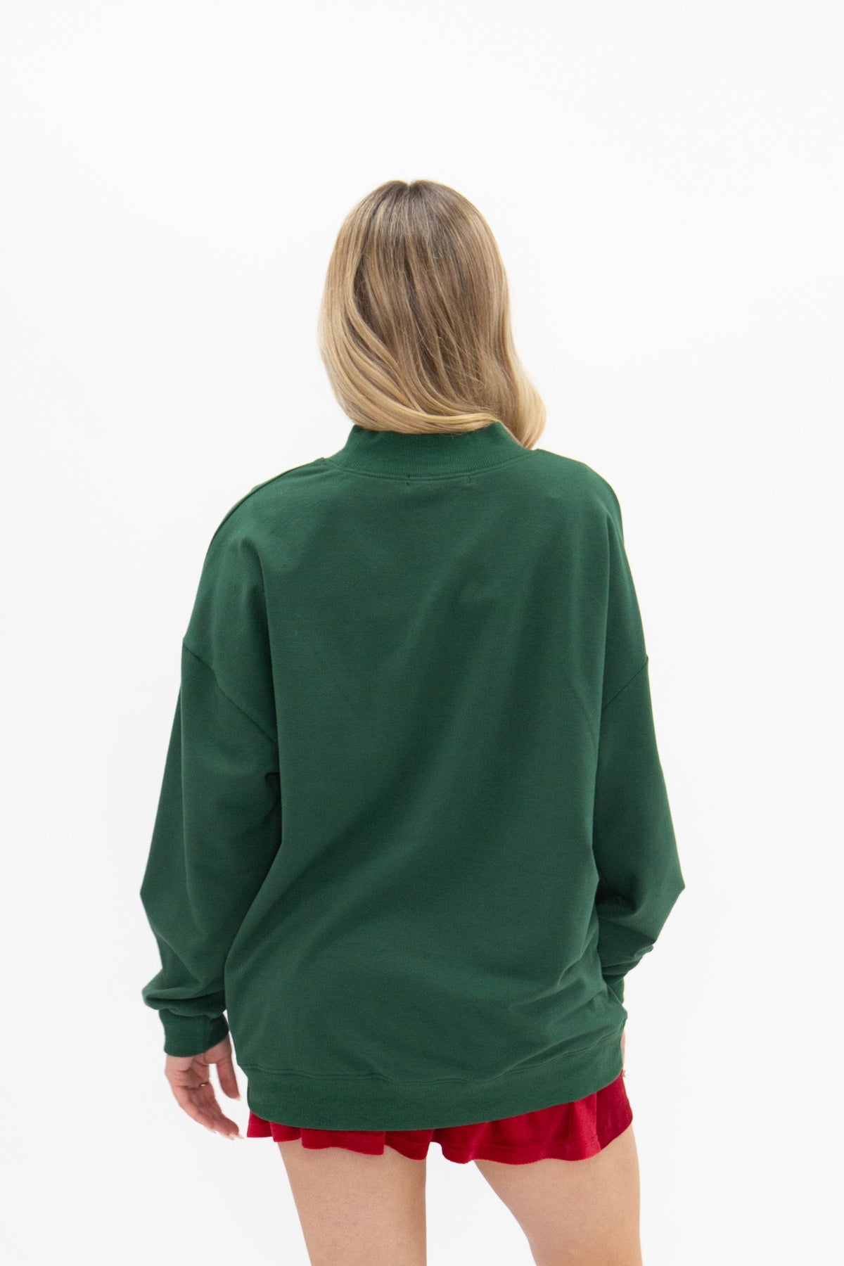 Embroidered Christmas Elements on Green Mock Neck Top