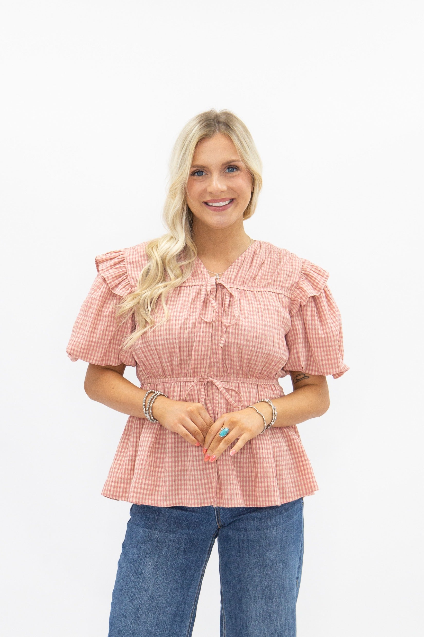 Puff Sleeve Tie-Front Blouse, Blush Gingham