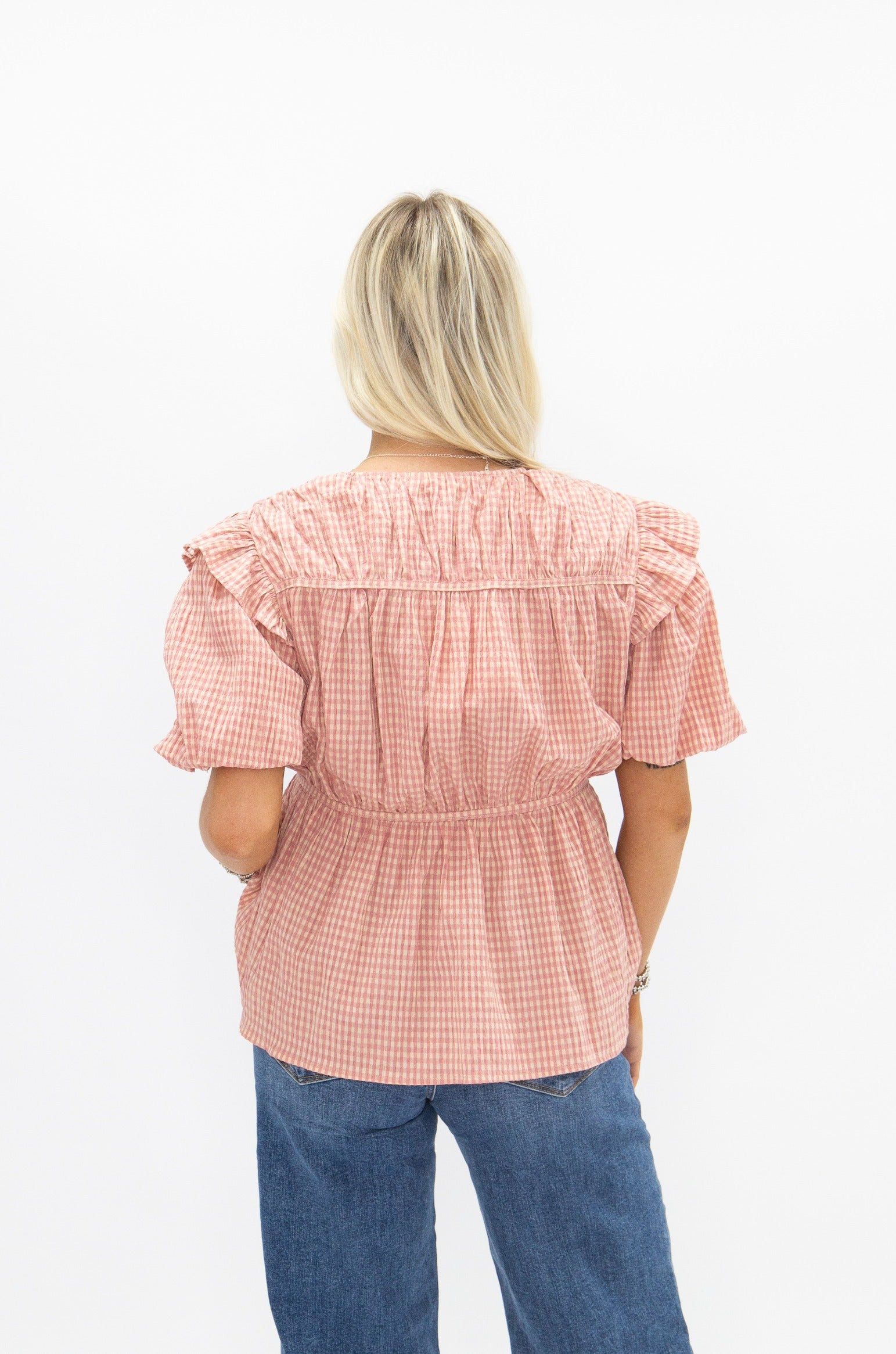 Puff Sleeve Tie-Front Blouse, Blush Gingham