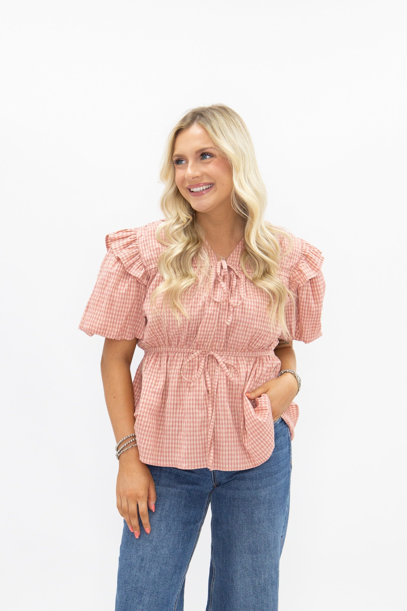 Puff Sleeve Tie-Front Blouse, Blush Gingham