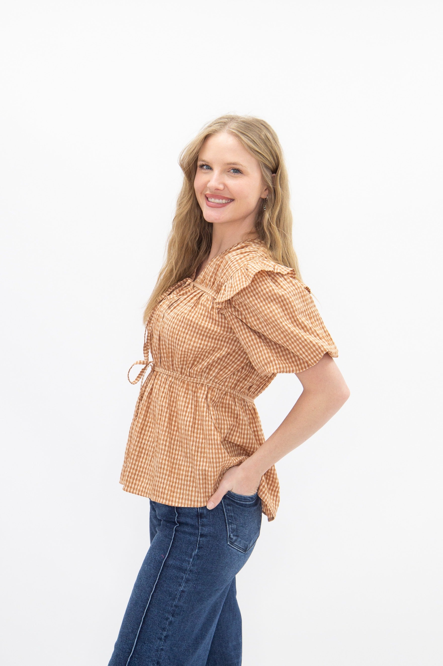 Puff Sleeve Tie-Front Blouse, Brown Gingham