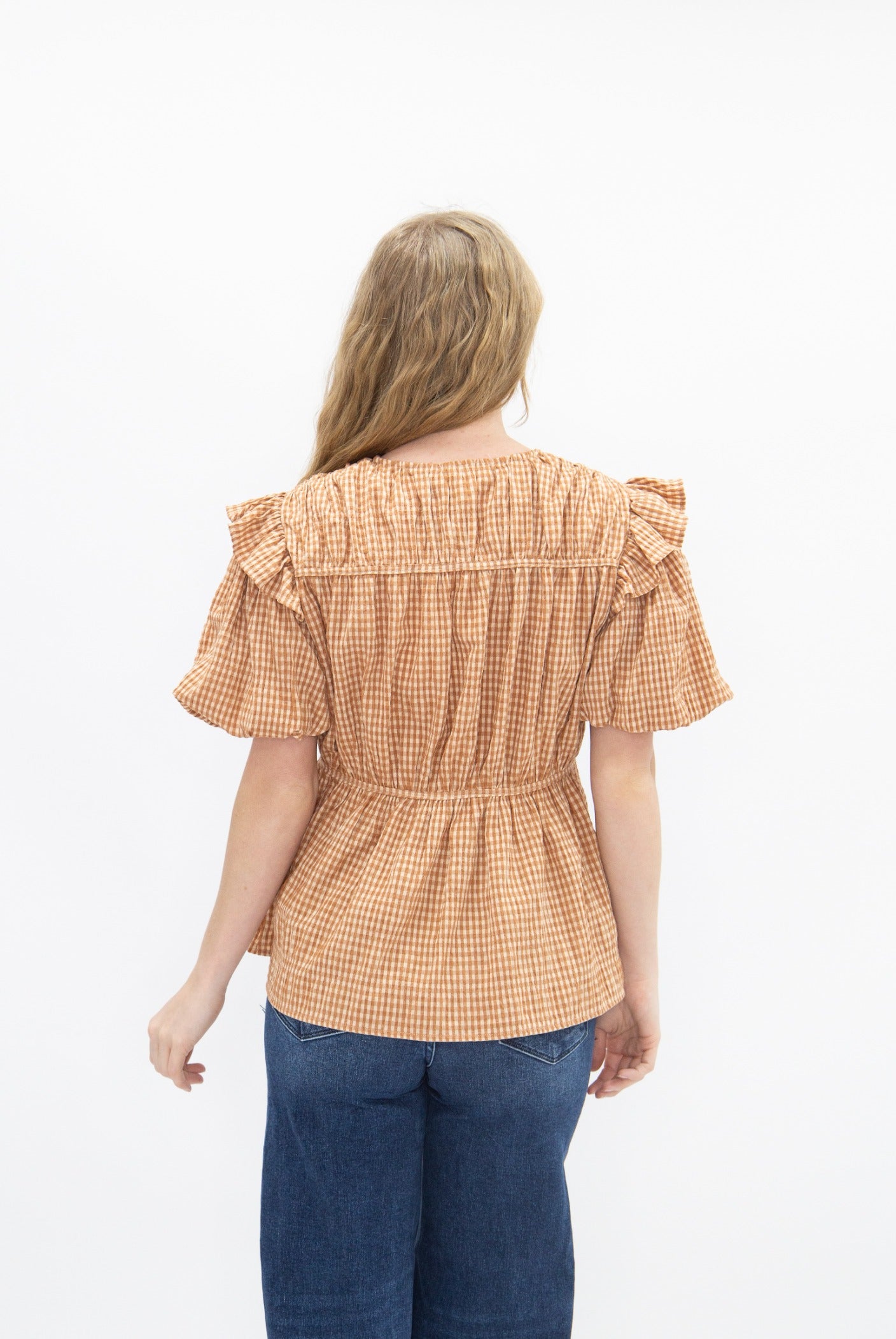 Puff Sleeve Tie-Front Blouse, Brown Gingham