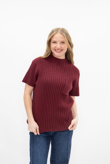 Mock Neck Short Sleeve Pullover, Maroon