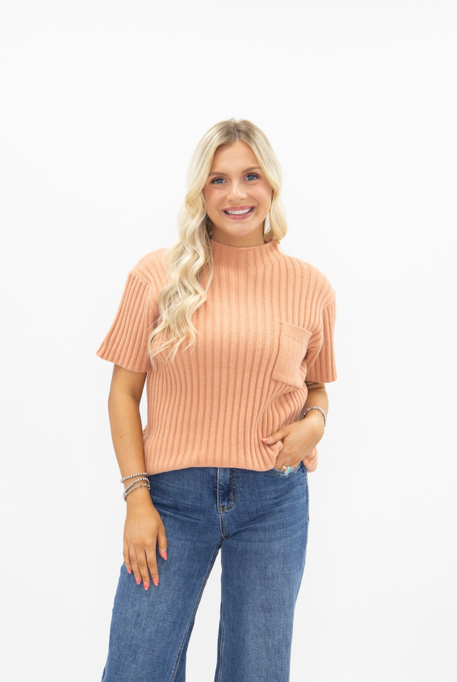 Mock Neck Short Sleeve Pullover, Orange