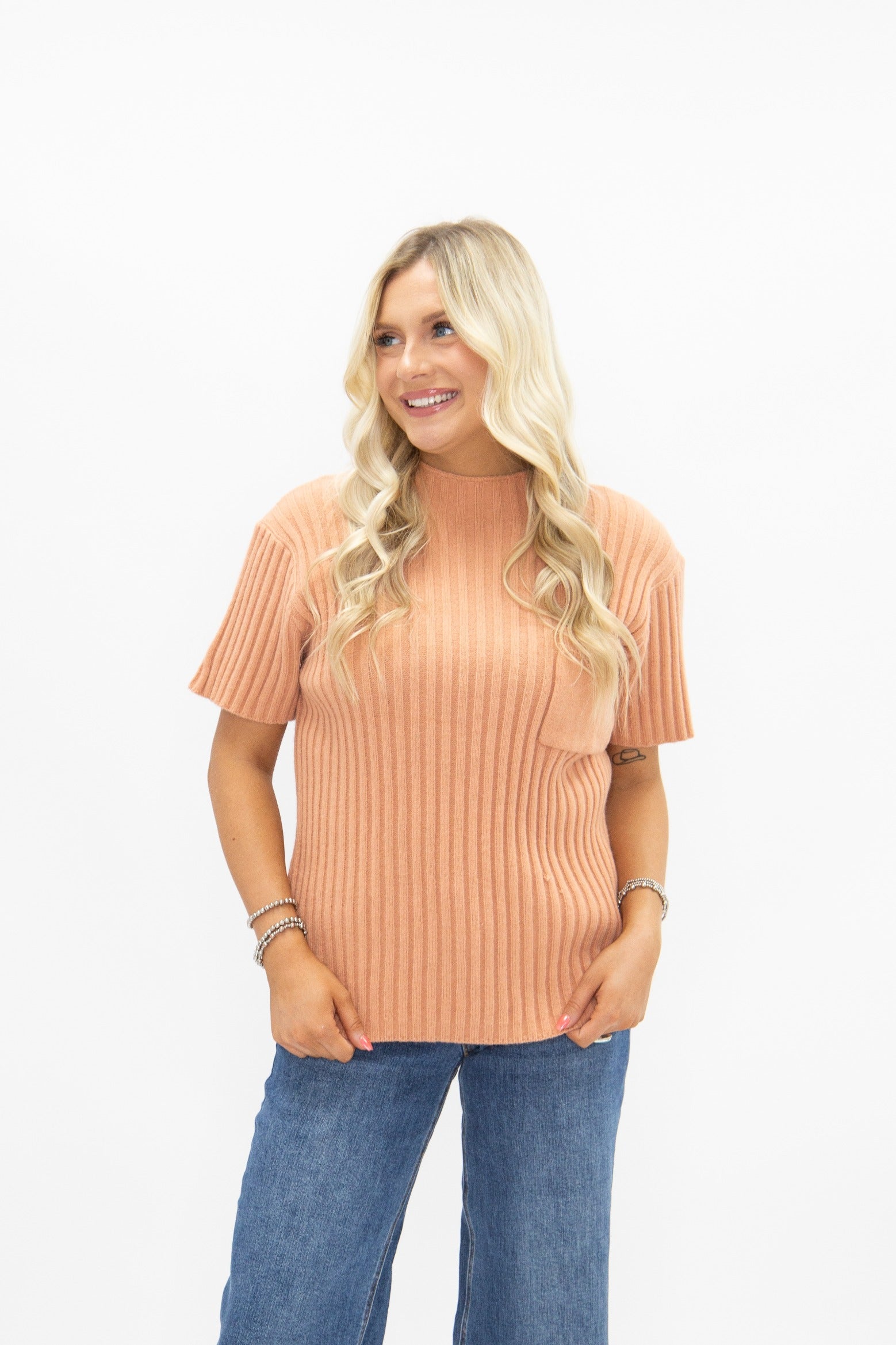 Mock Neck Short Sleeve Pullover, Orange