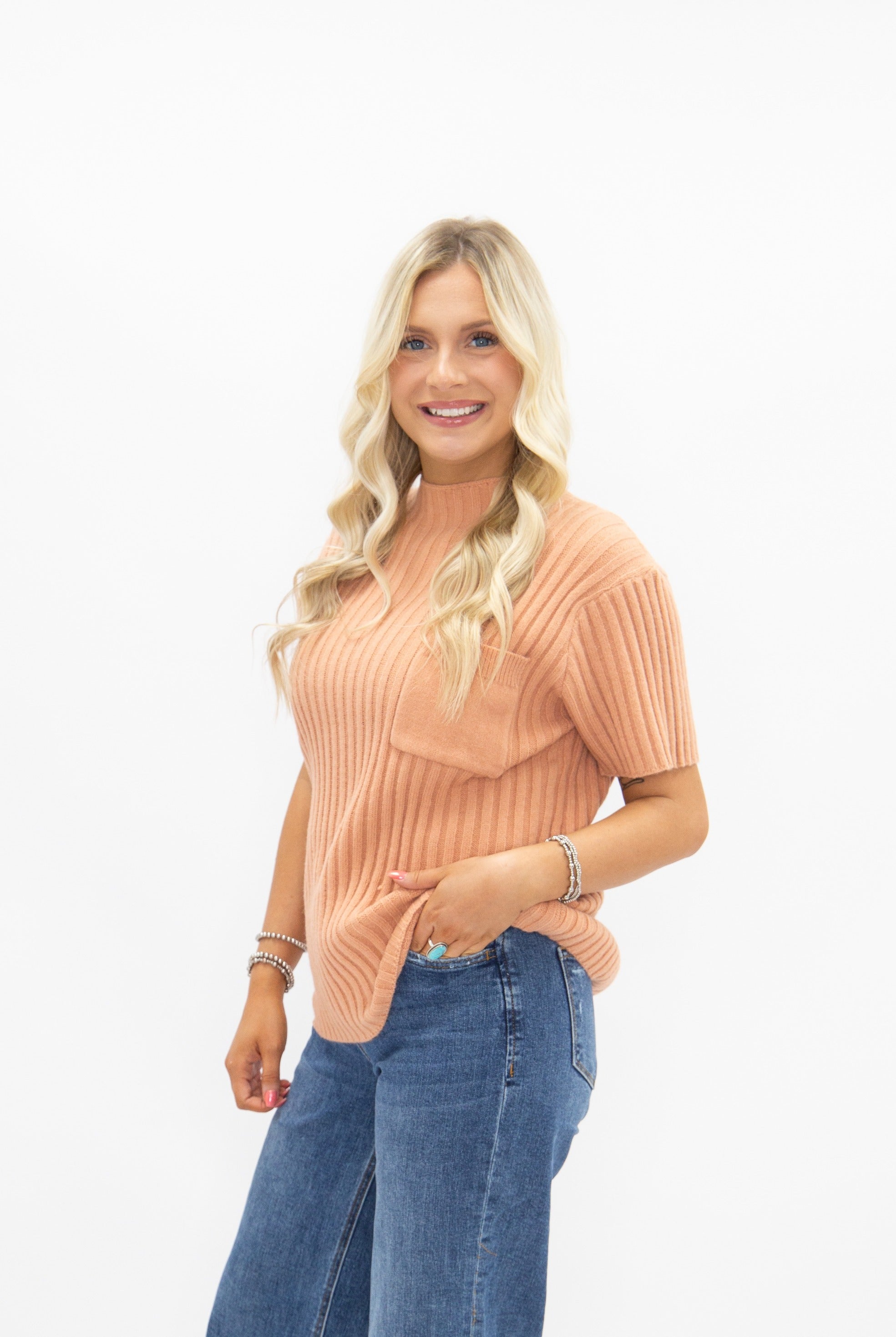 Mock Neck Short Sleeve Pullover, Orange