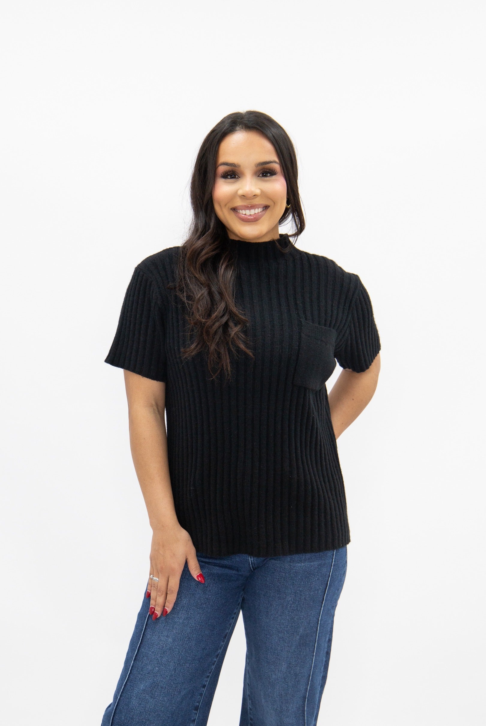 Mock Neck Short Sleeve Pullover, Black