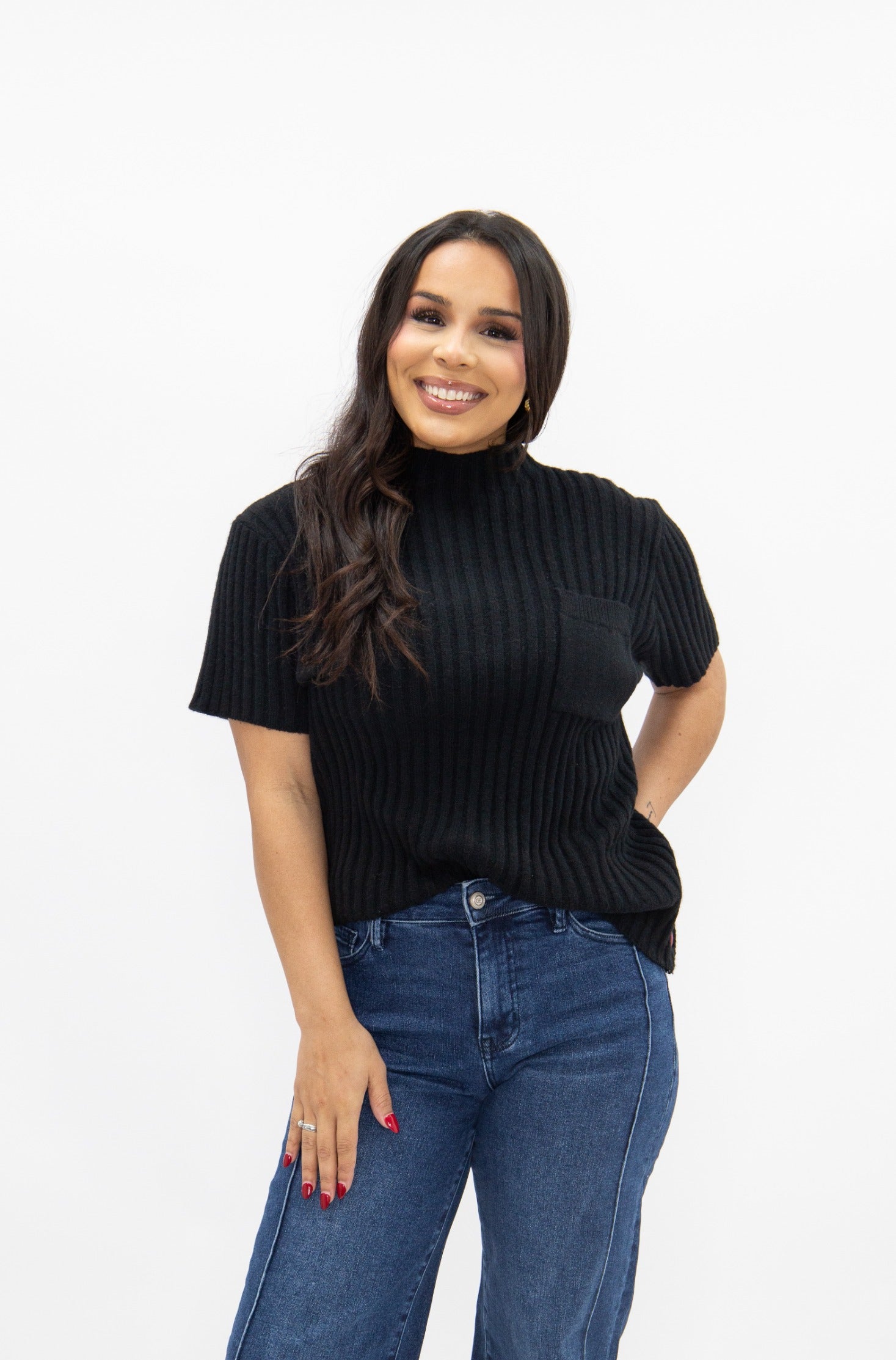 Mock Neck Short Sleeve Pullover, Black