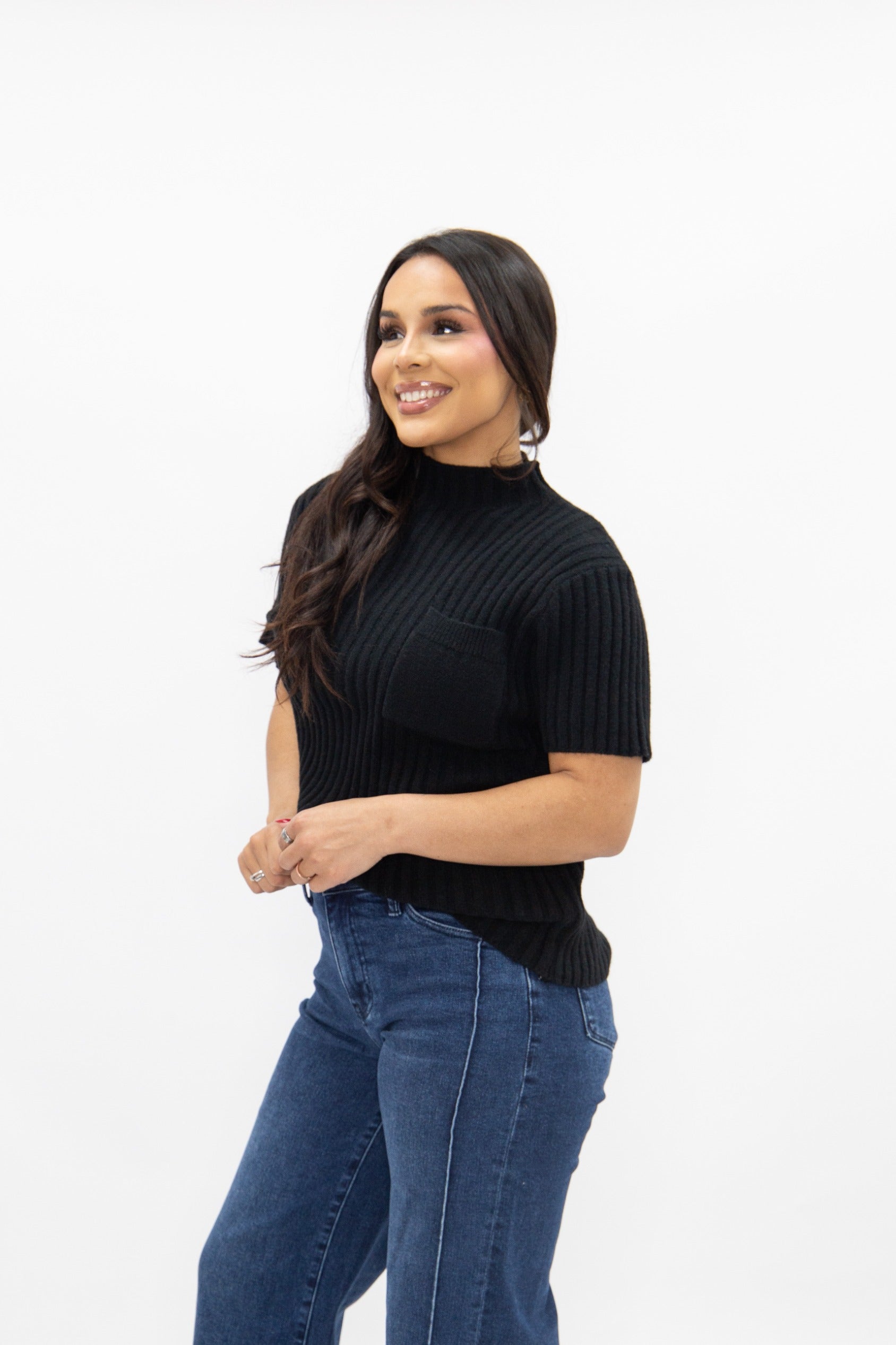 Mock Neck Short Sleeve Pullover, Black