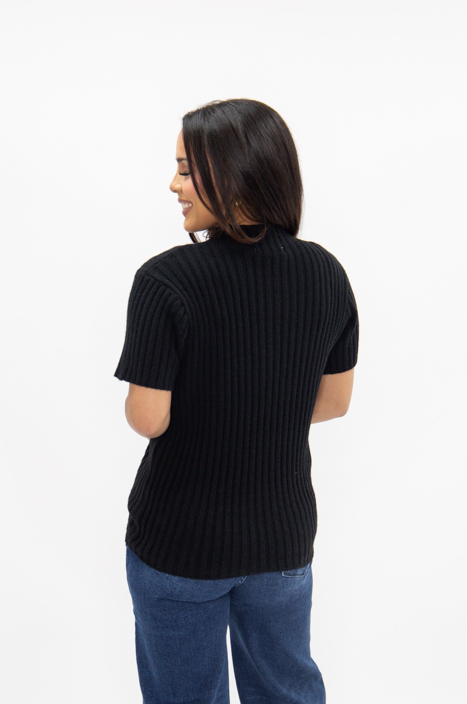 Mock Neck Short Sleeve Pullover, Black
