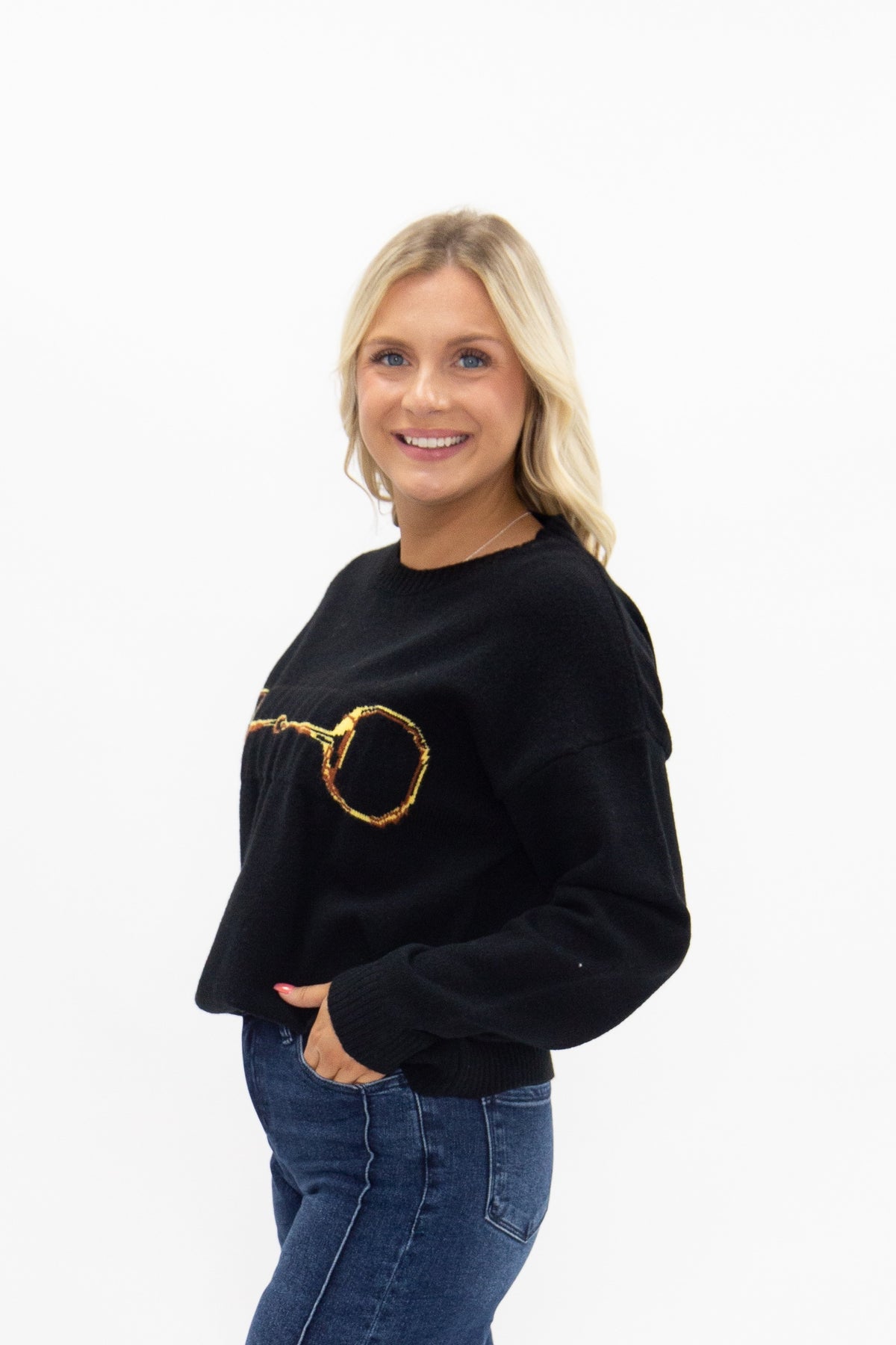 Gold Horse-Bit on a Black Sweater