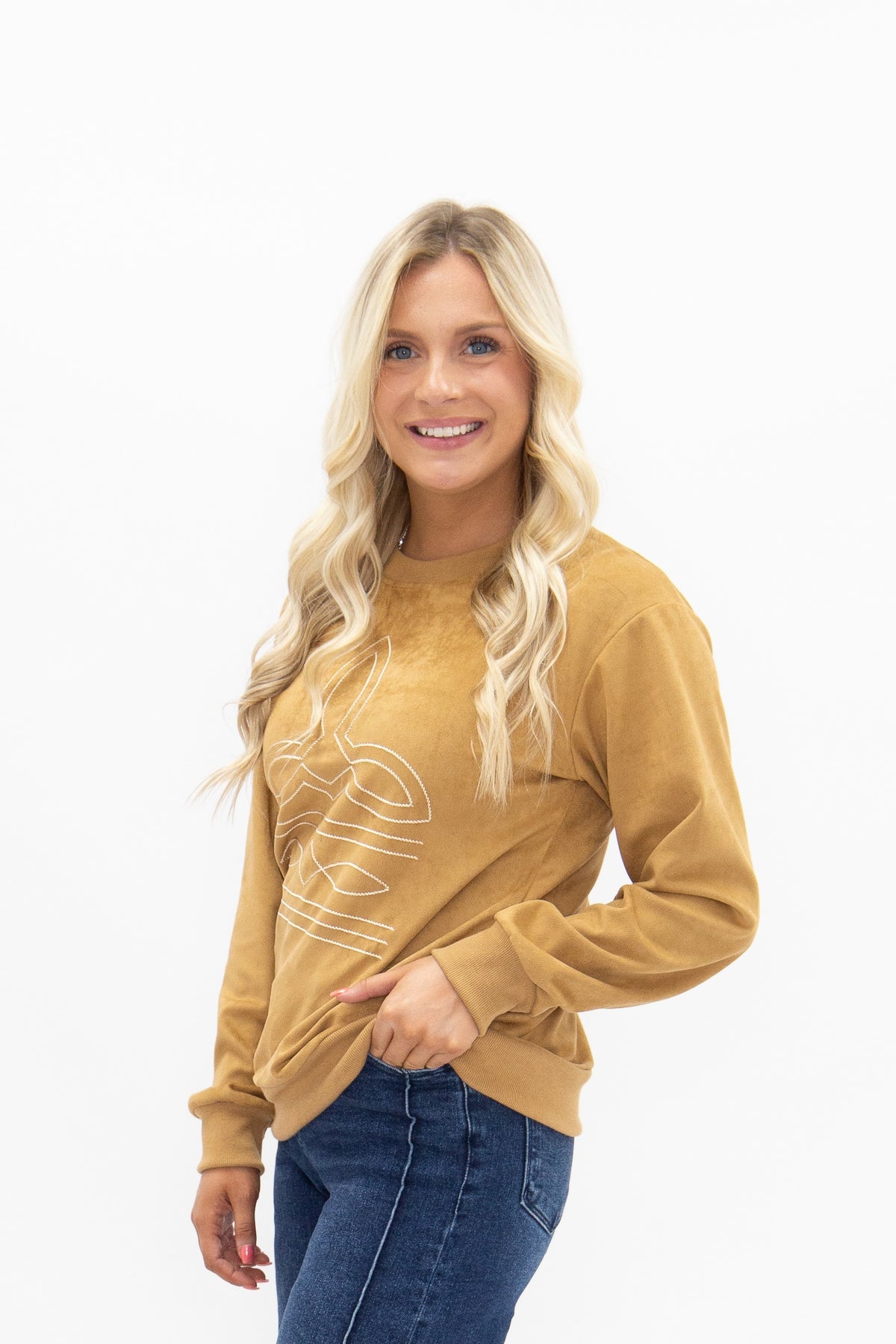 Suede Long-Sleeve Top with Boot Stitching