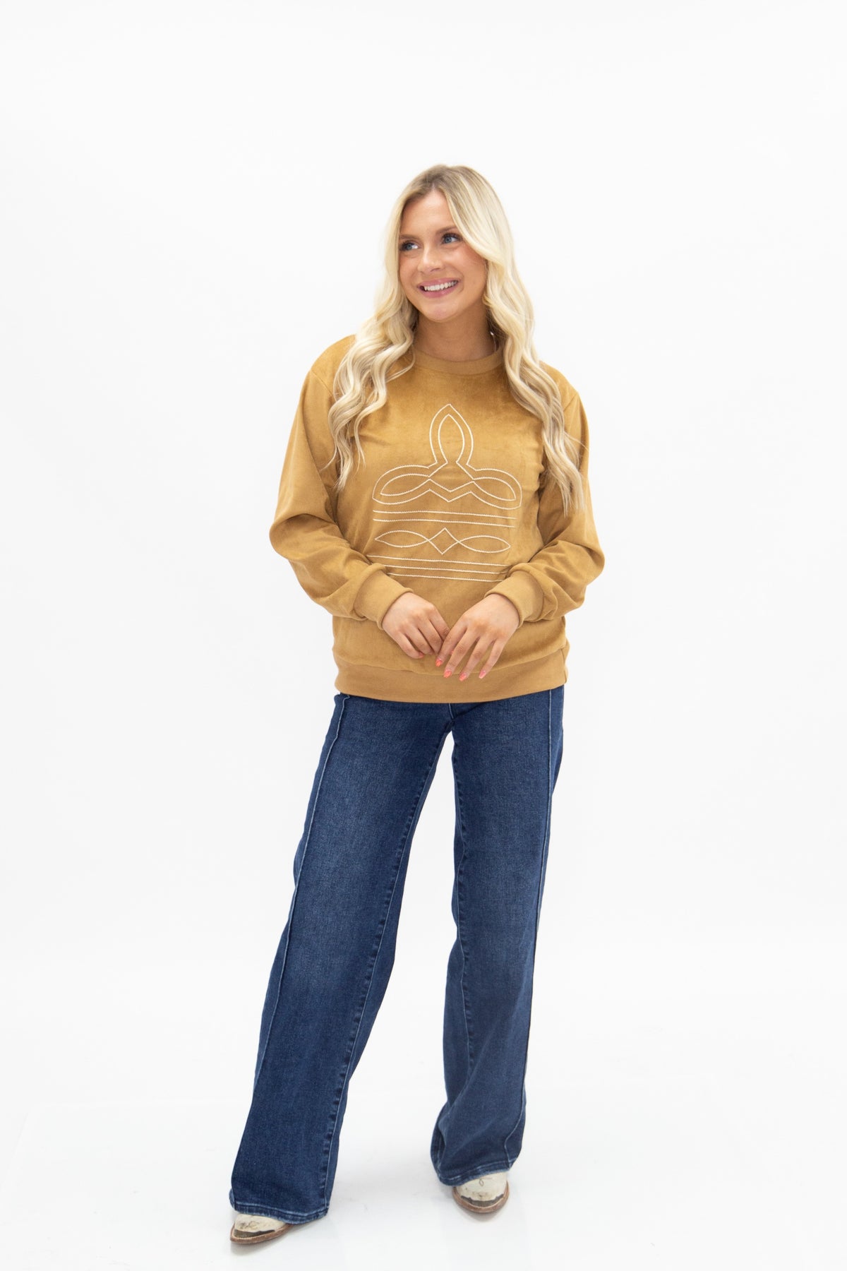 Suede Long-Sleeve Top with Boot Stitching