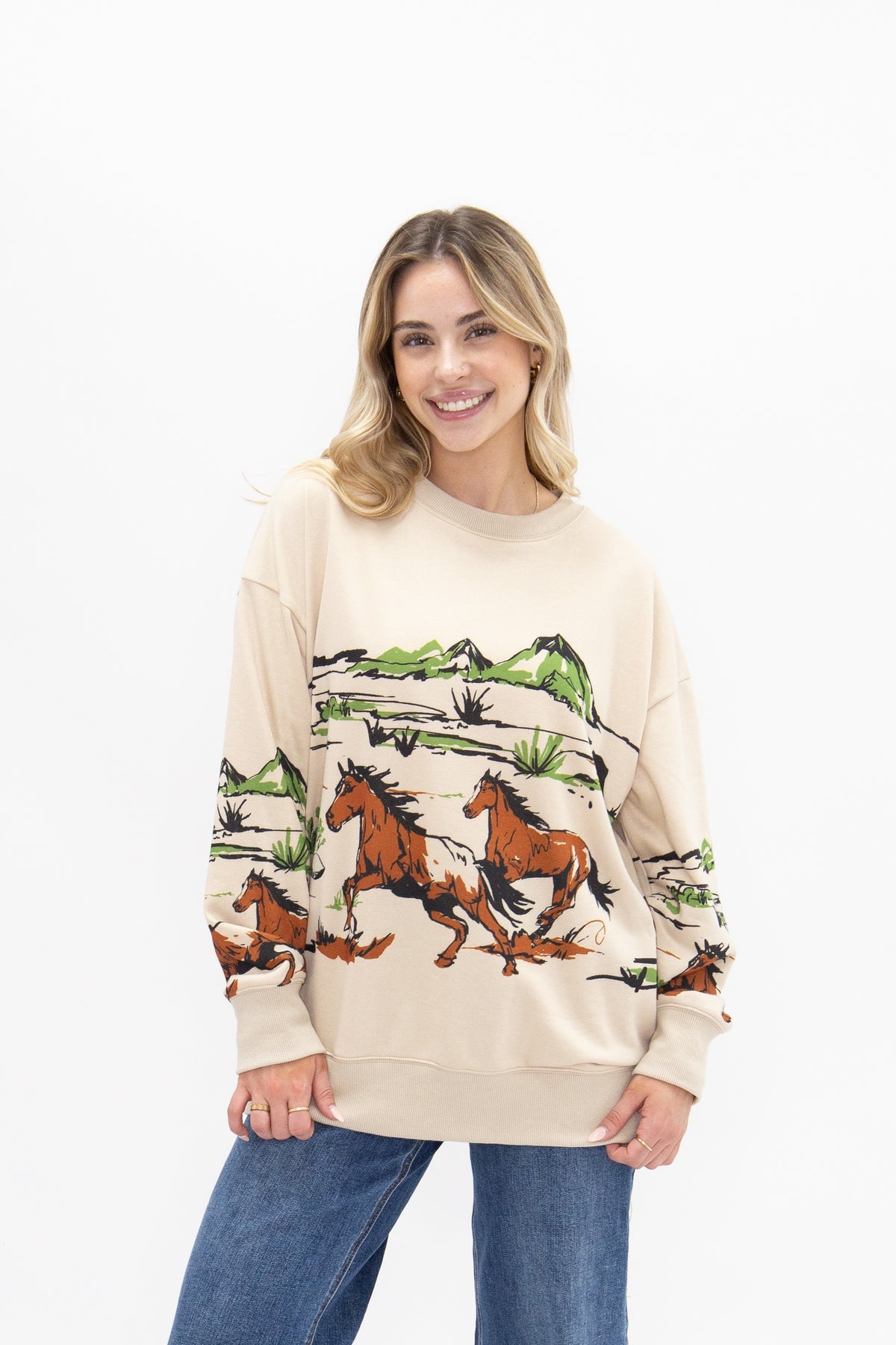 Horse Graphic on Beige Long Sleeve Top
