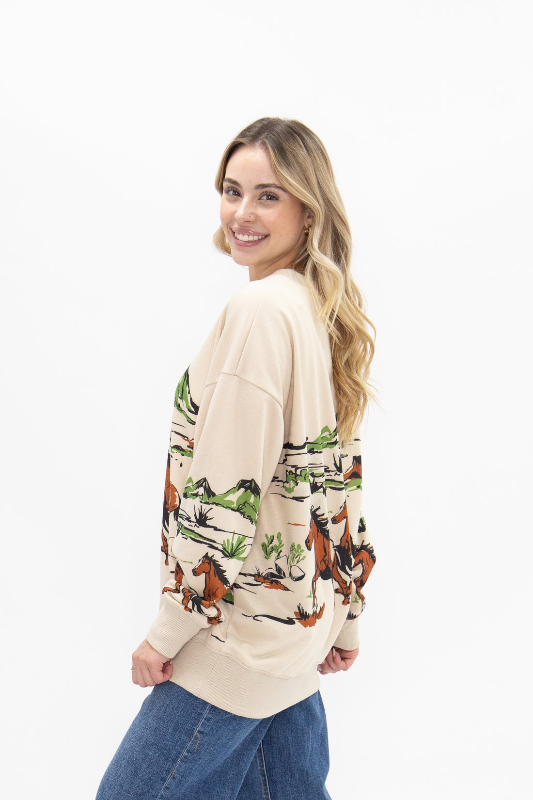Horse Graphic on Beige Long Sleeve Top