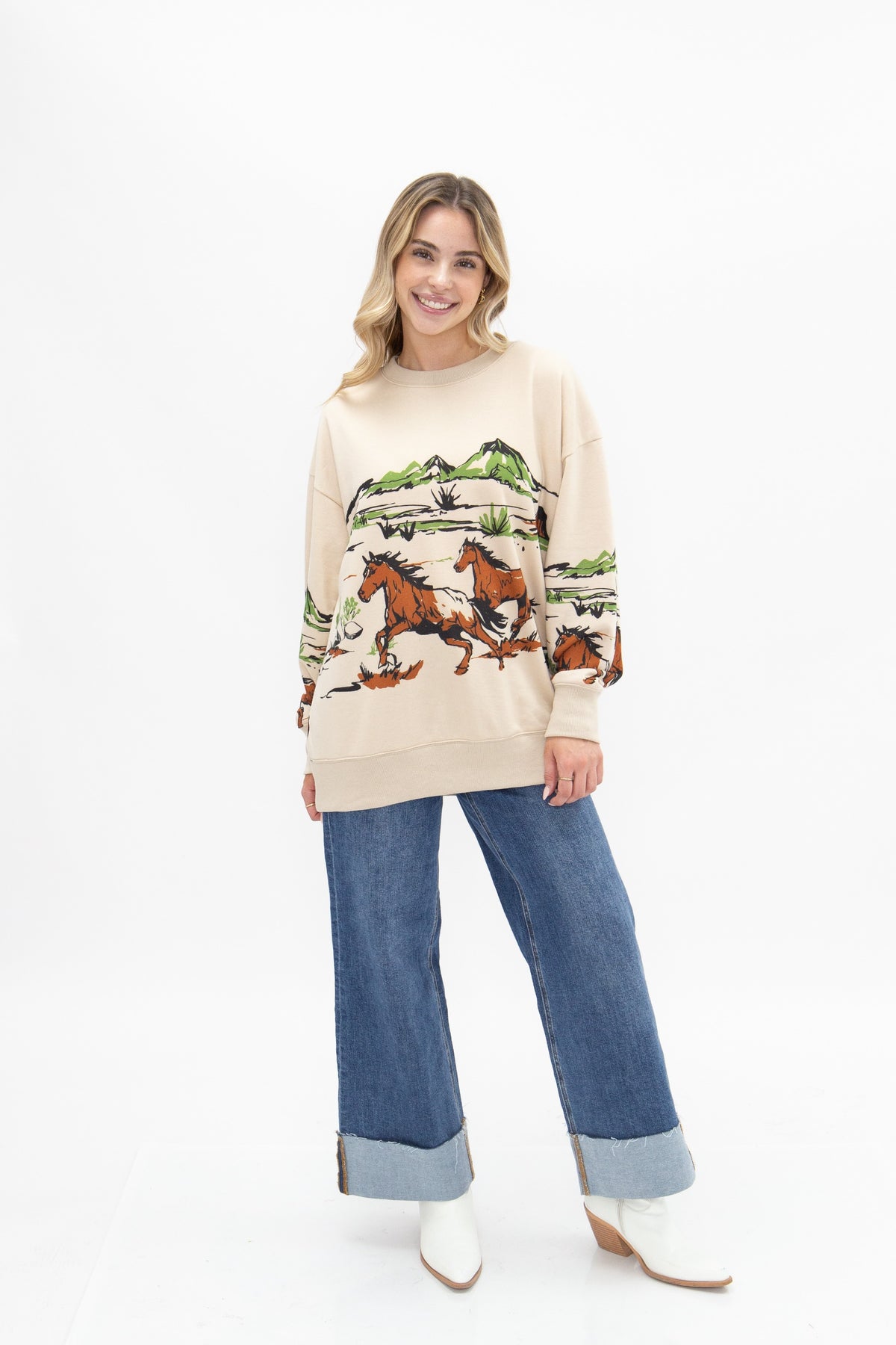 Horse Graphic on Beige Long Sleeve Top