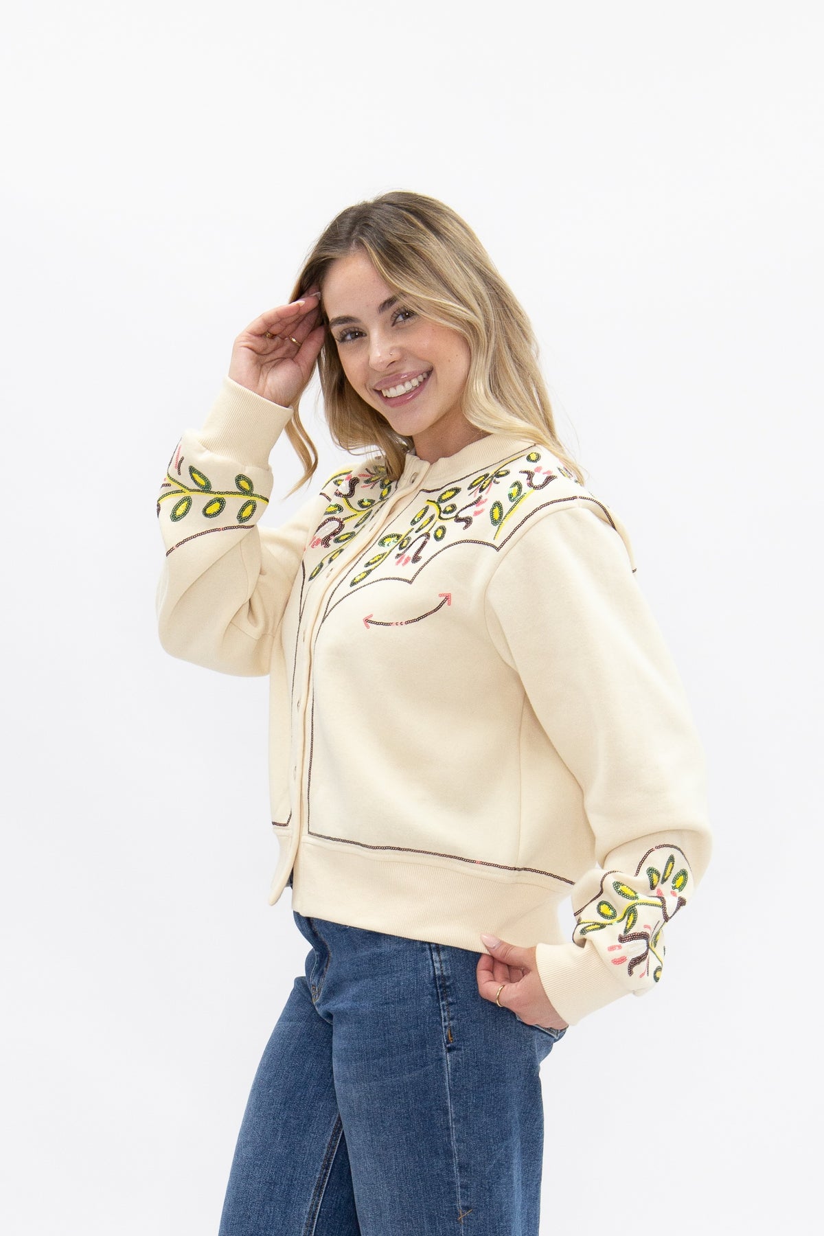 Beige Sweatshirt Cardigan with Sequin Western Yoke