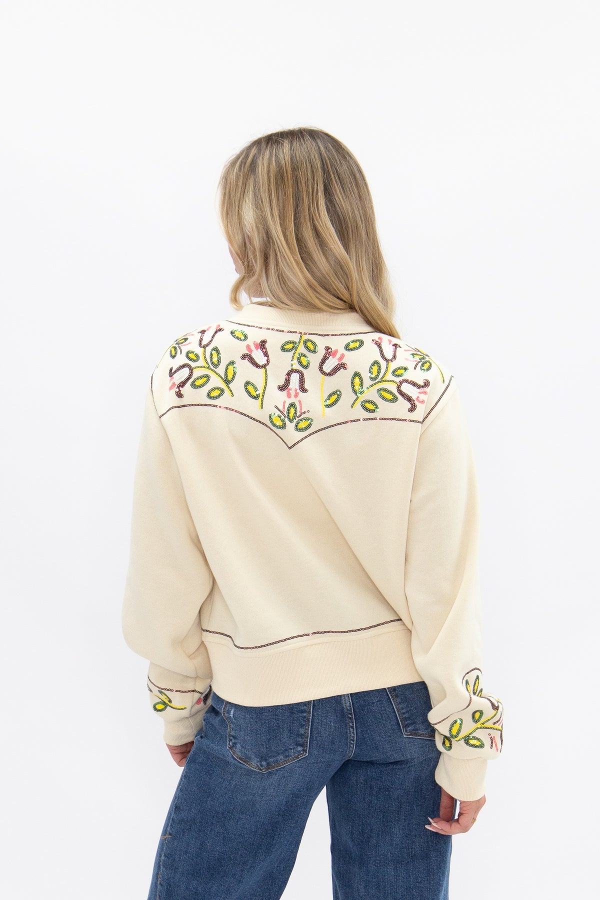Beige Sweatshirt Cardigan with Sequin Western Yoke