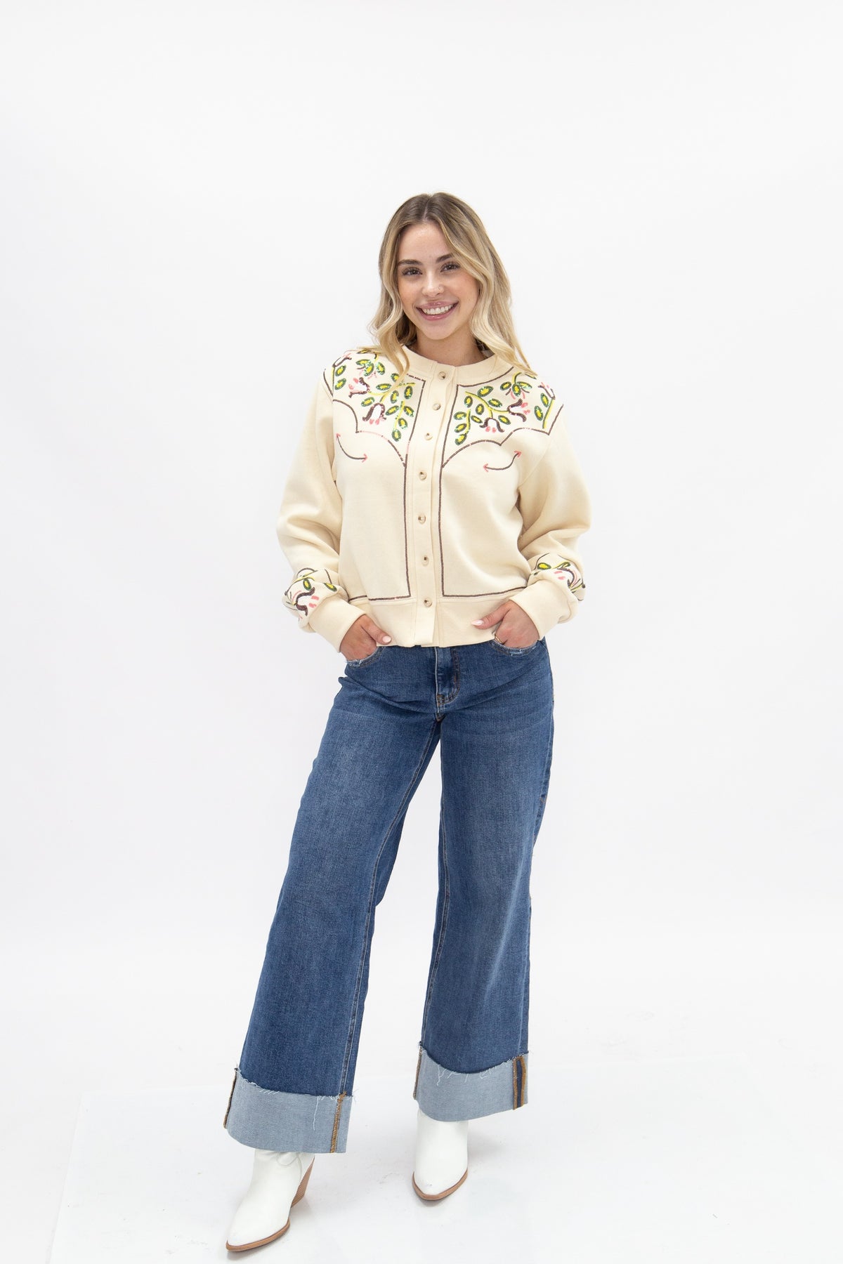 Beige Sweatshirt Cardigan with Sequin Western Yoke