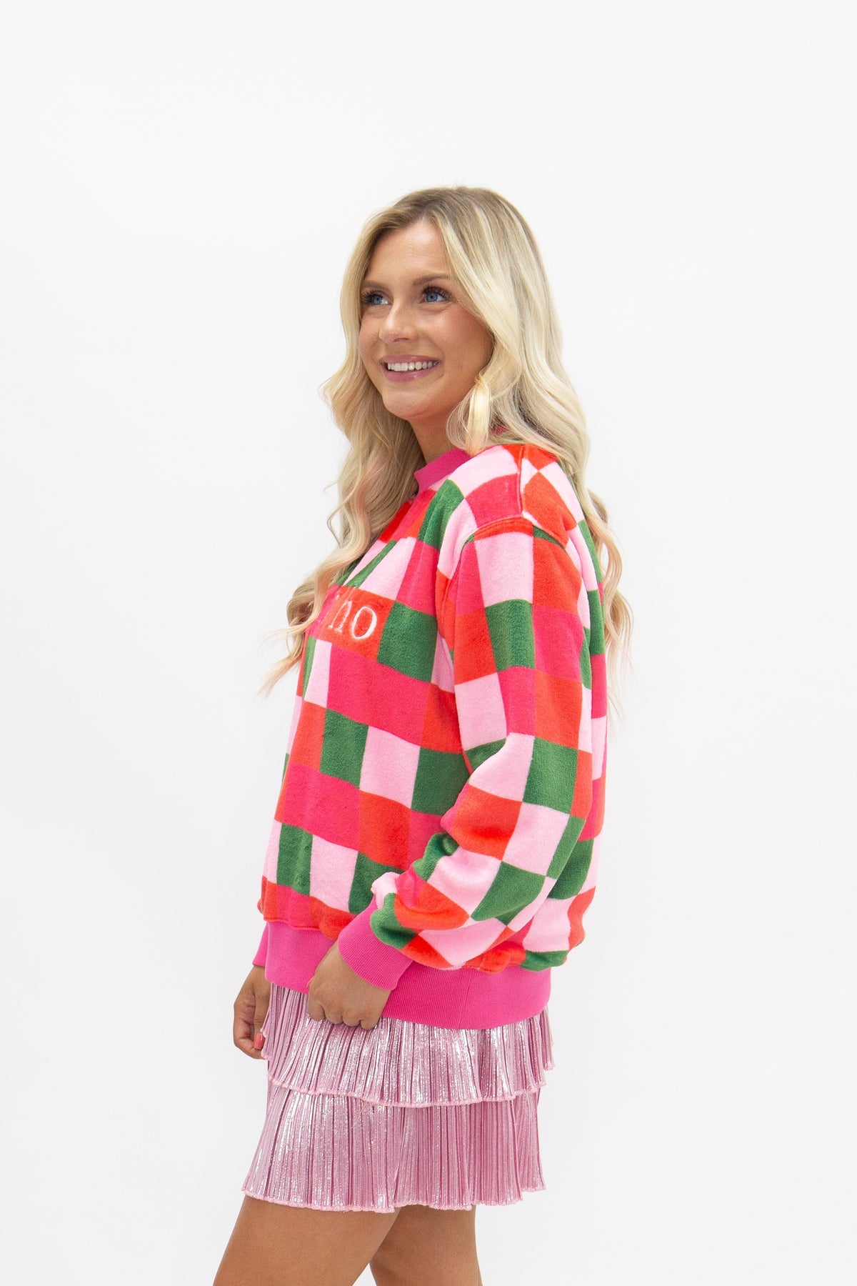 'Ho Ho Ho' on Fuzzy Checkered Sweatshirt