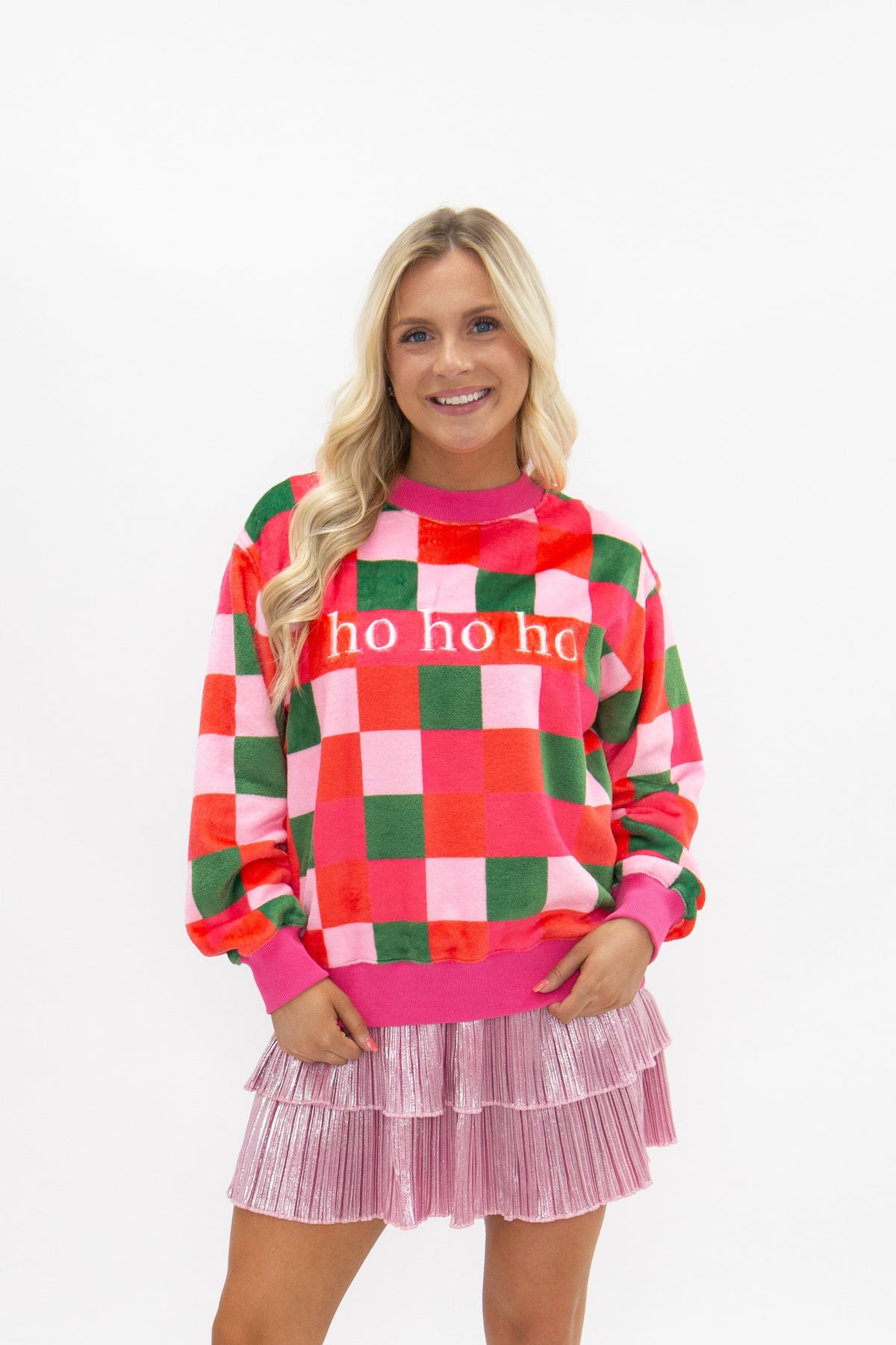 'Ho Ho Ho' on Fuzzy Checkered Sweatshirt