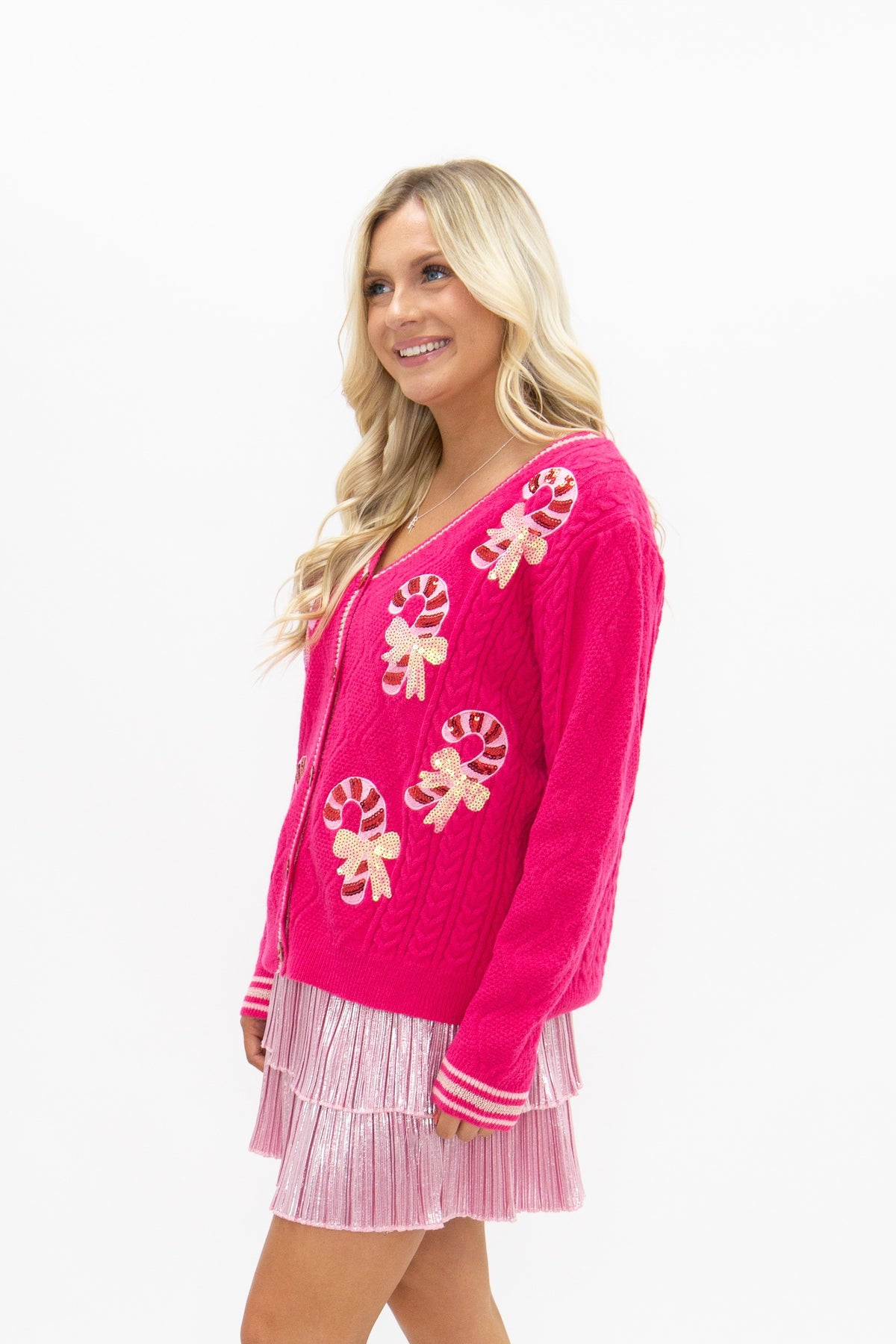 Candy Cane Bows on Pink Cardigan