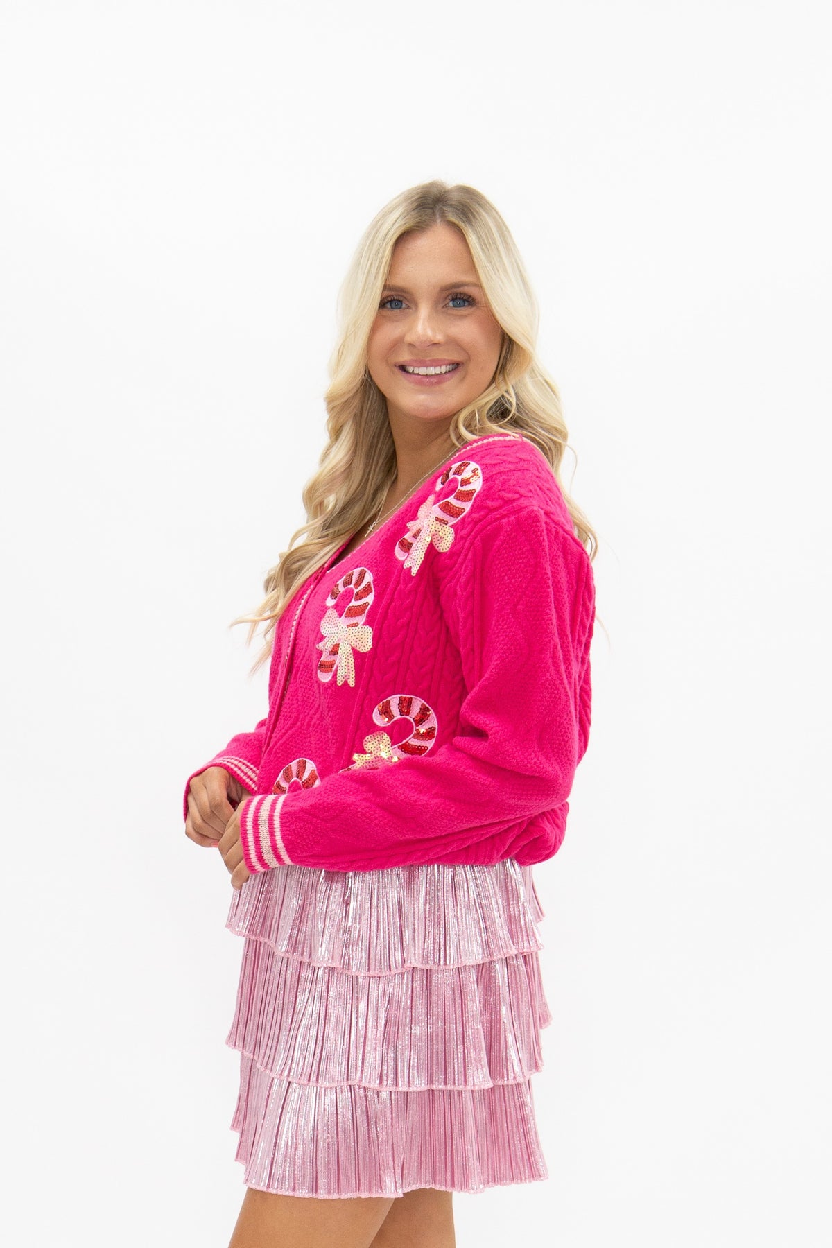 Candy Cane Bows on Pink Cardigan