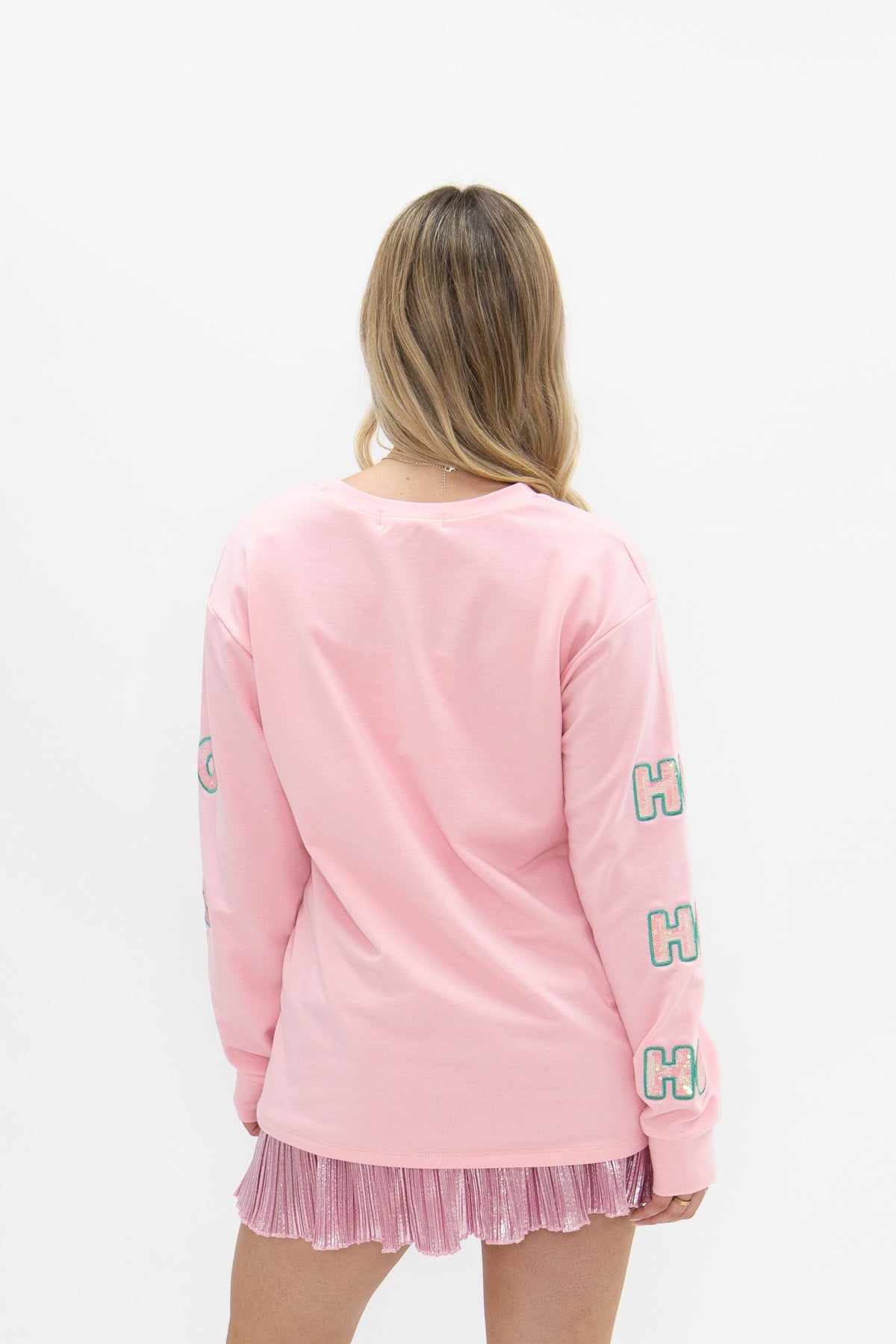 Pastel Sequin Santa Patch on Pink Long Sleeve Top