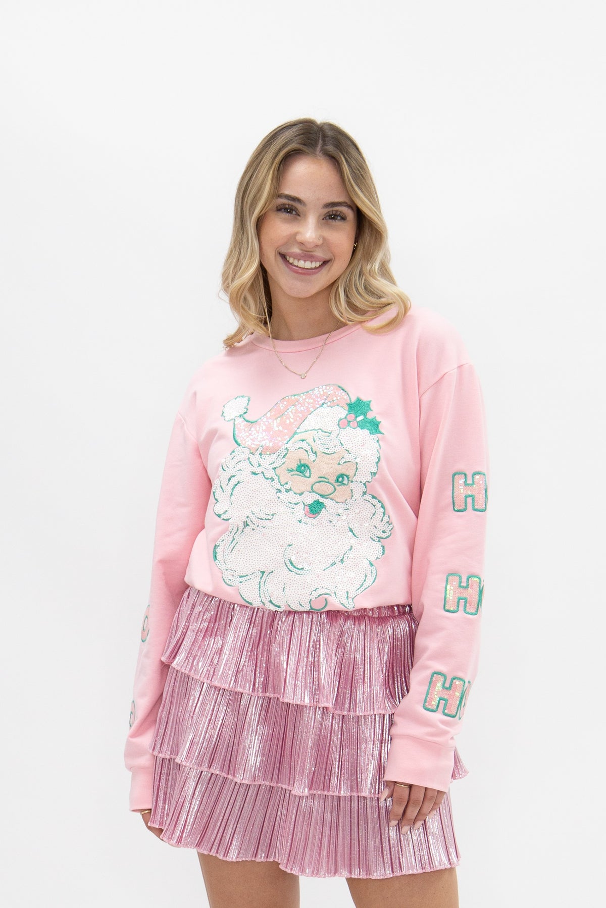 Pastel Sequin Santa Patch on Pink Long Sleeve Top