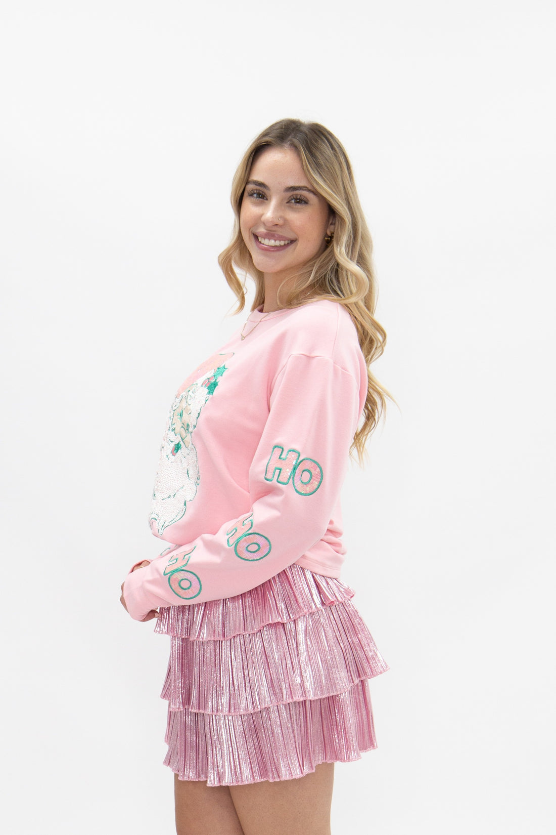 Pastel Sequin Santa Patch on Pink Long Sleeve Top