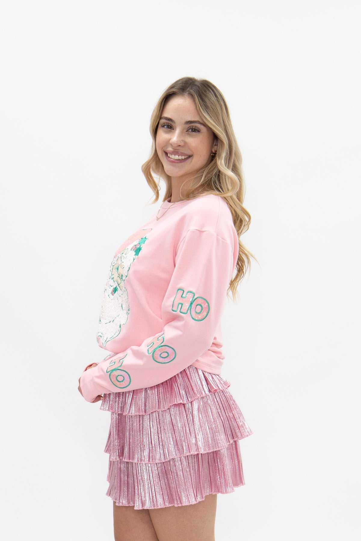 Pastel Sequin Santa Patch on Pink Long Sleeve Top