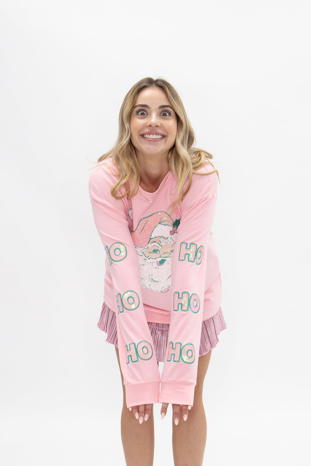 Pastel Sequin Santa Patch on Pink Long Sleeve Top