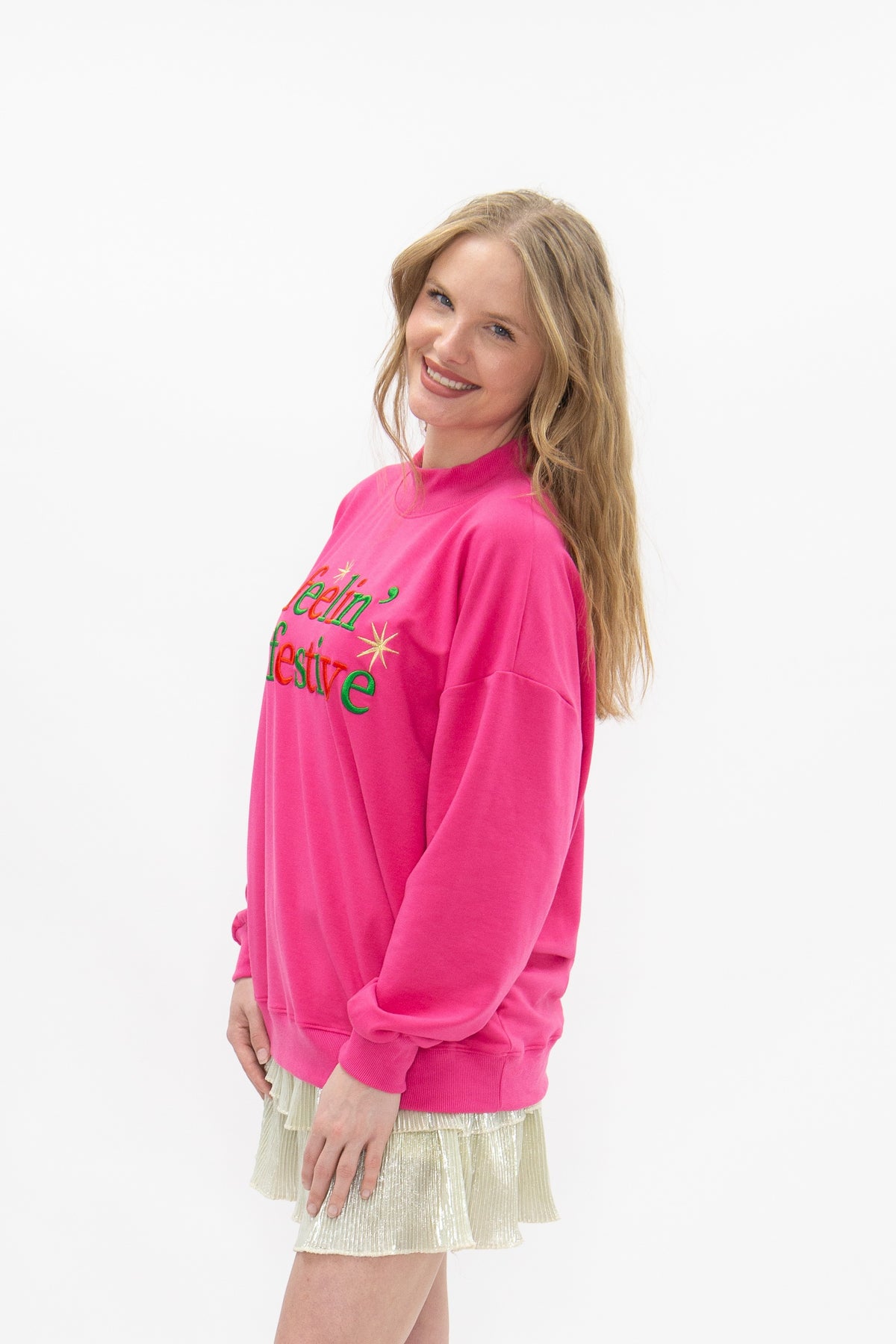 Feelin' Festive on Hot Pink Mock Neck Top