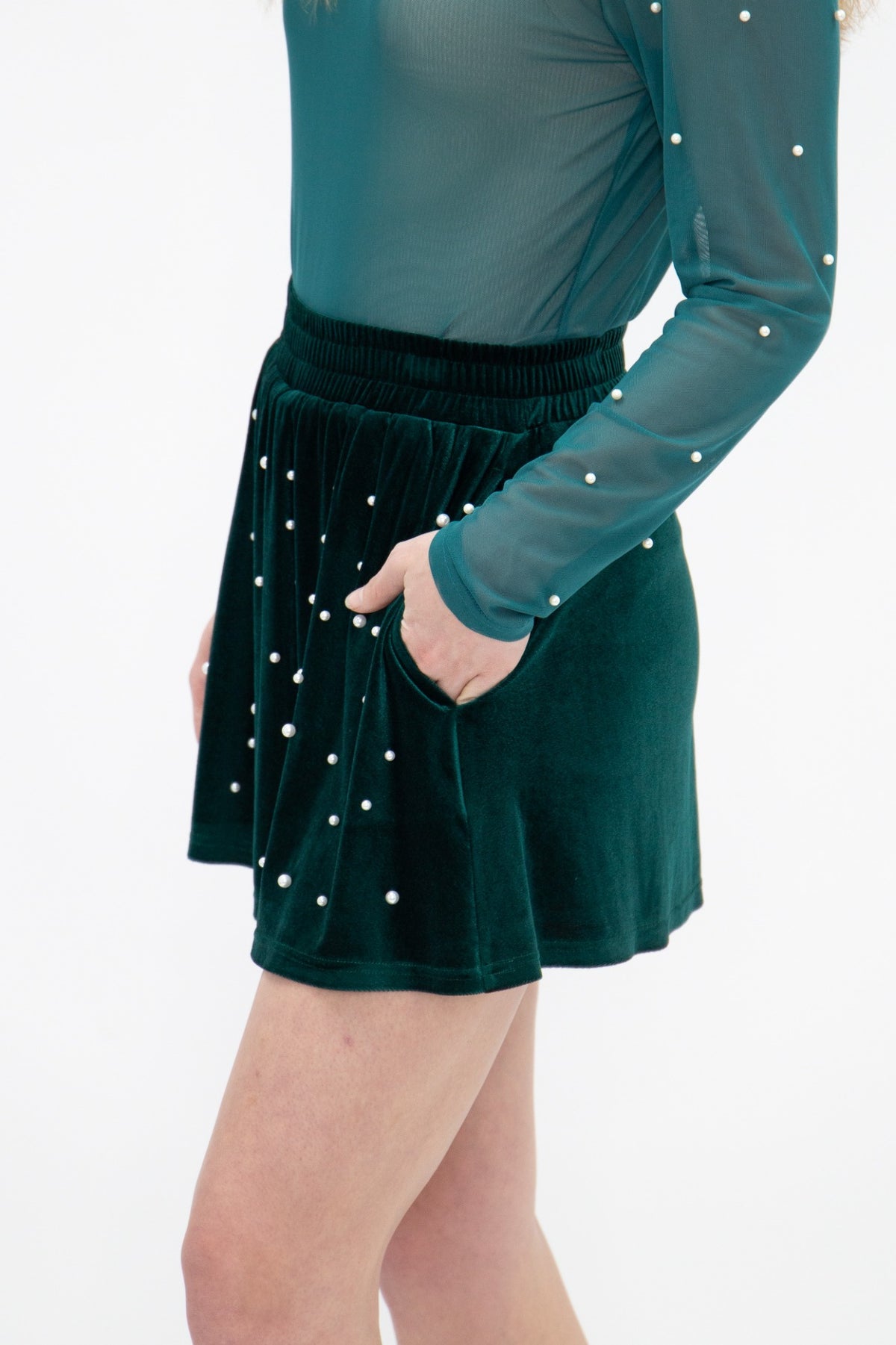 Velvet Skort with Pearl Details, Green