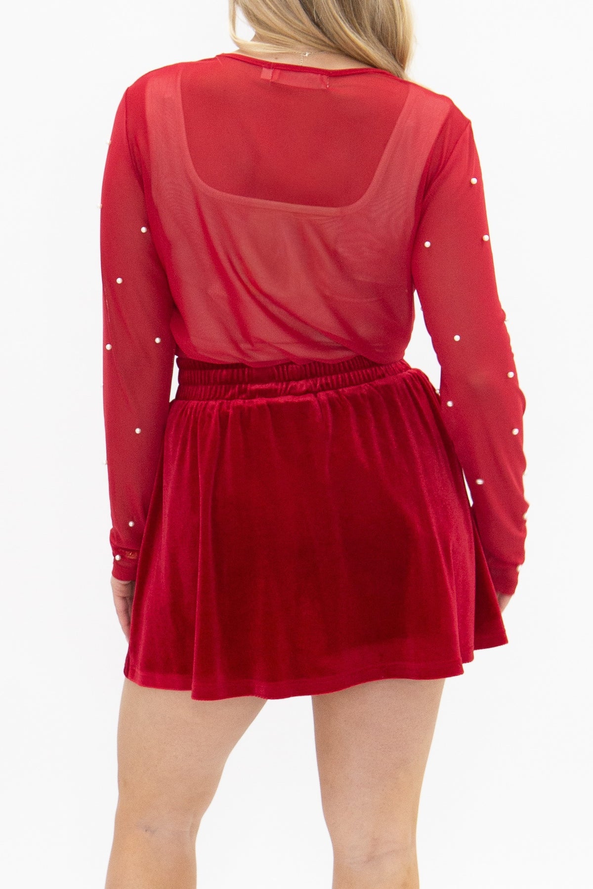 Velvet Skort with Pearl Details, Red